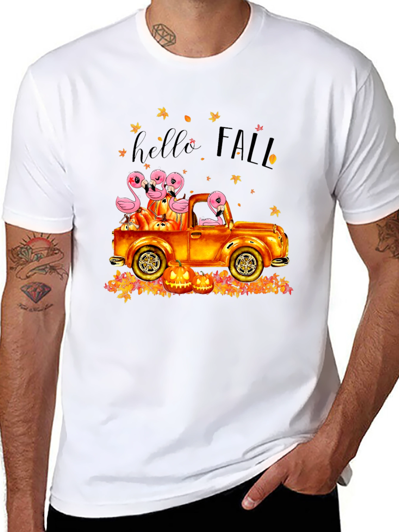 Hello Fall Flamingo Pumpkin Truck T-Shirt