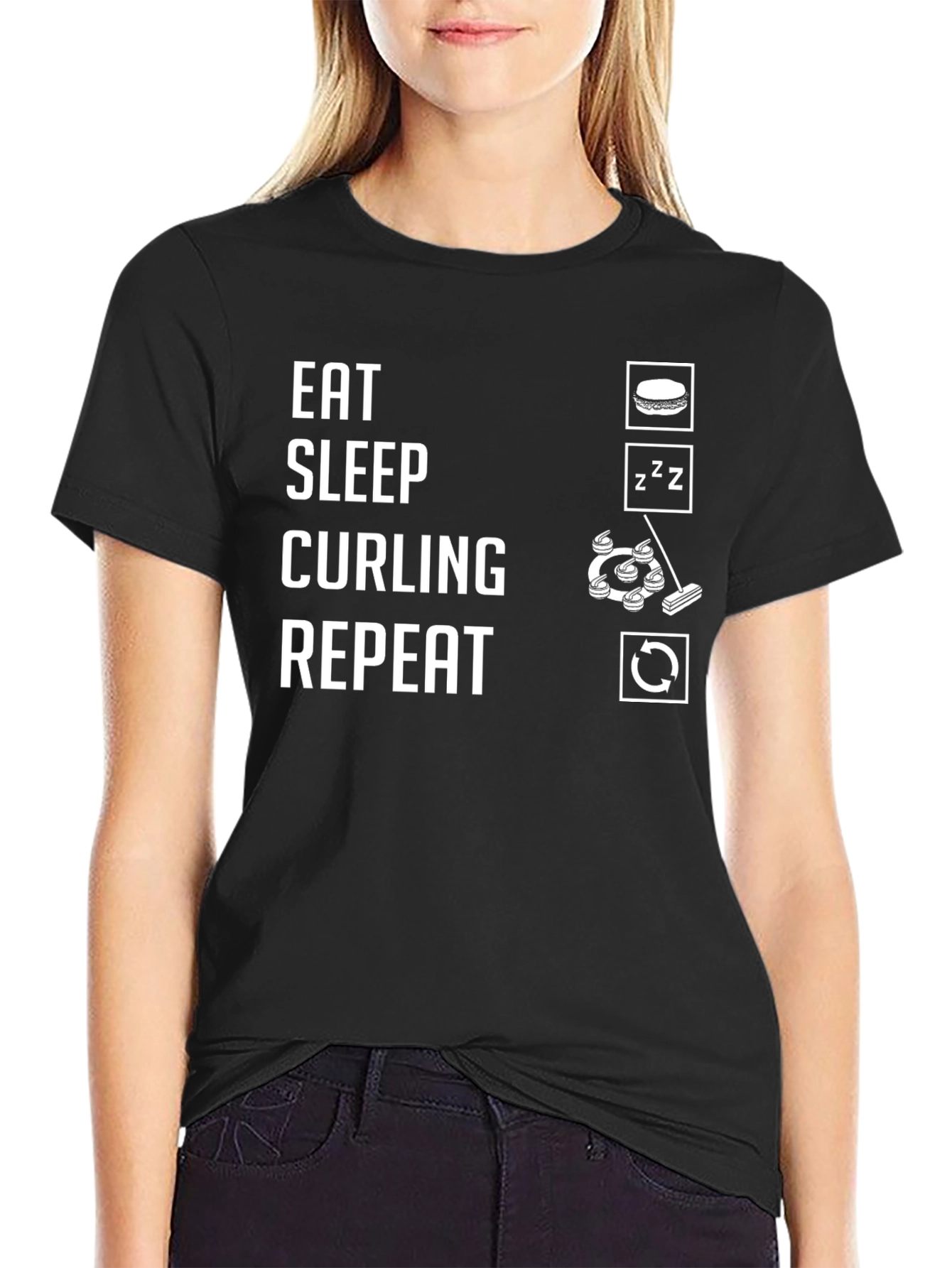 Eat Sleep Curling Repeat Black T-Shirt