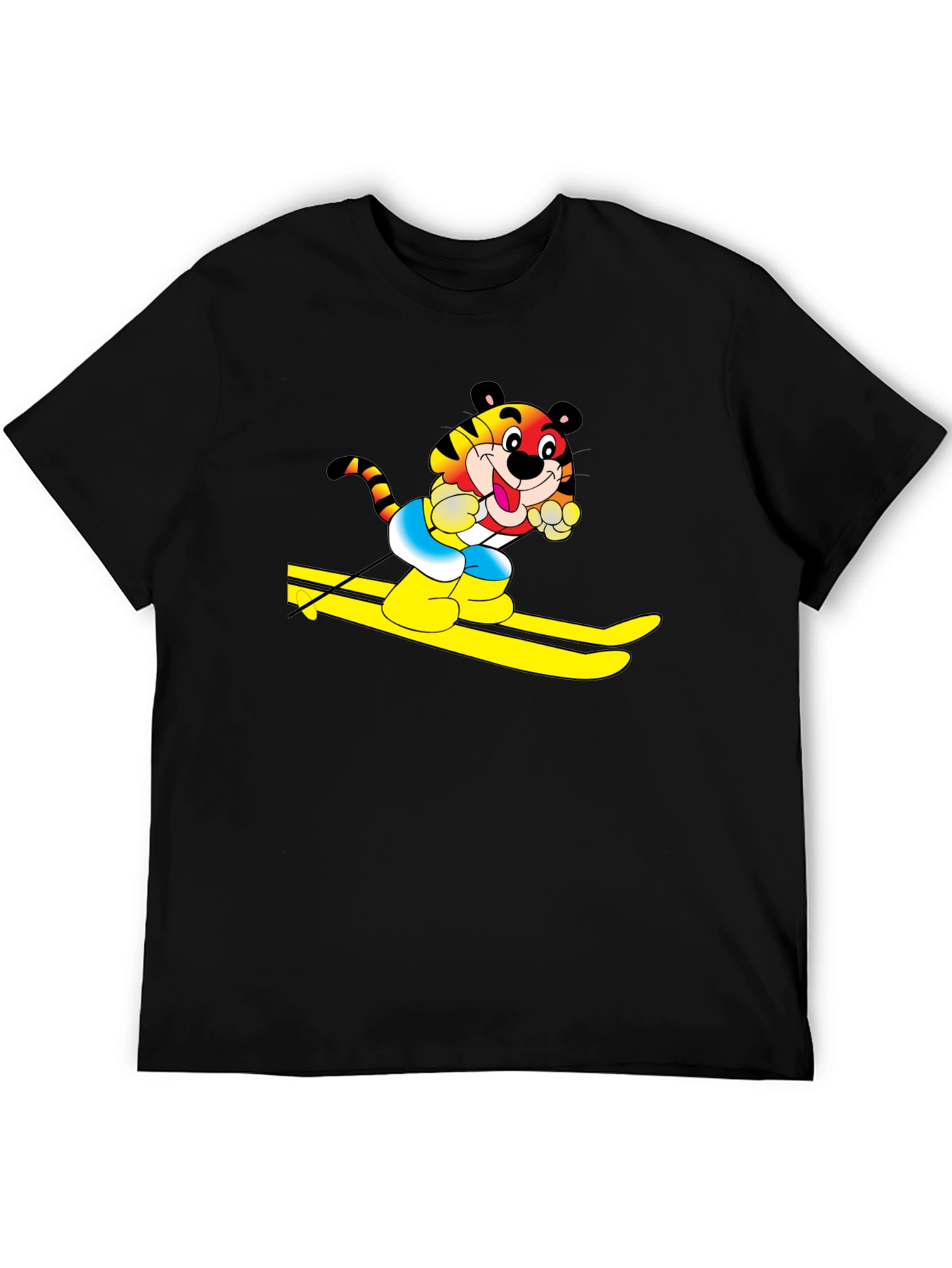 Fun Tiger Skiing Graphic Black T-Shirt