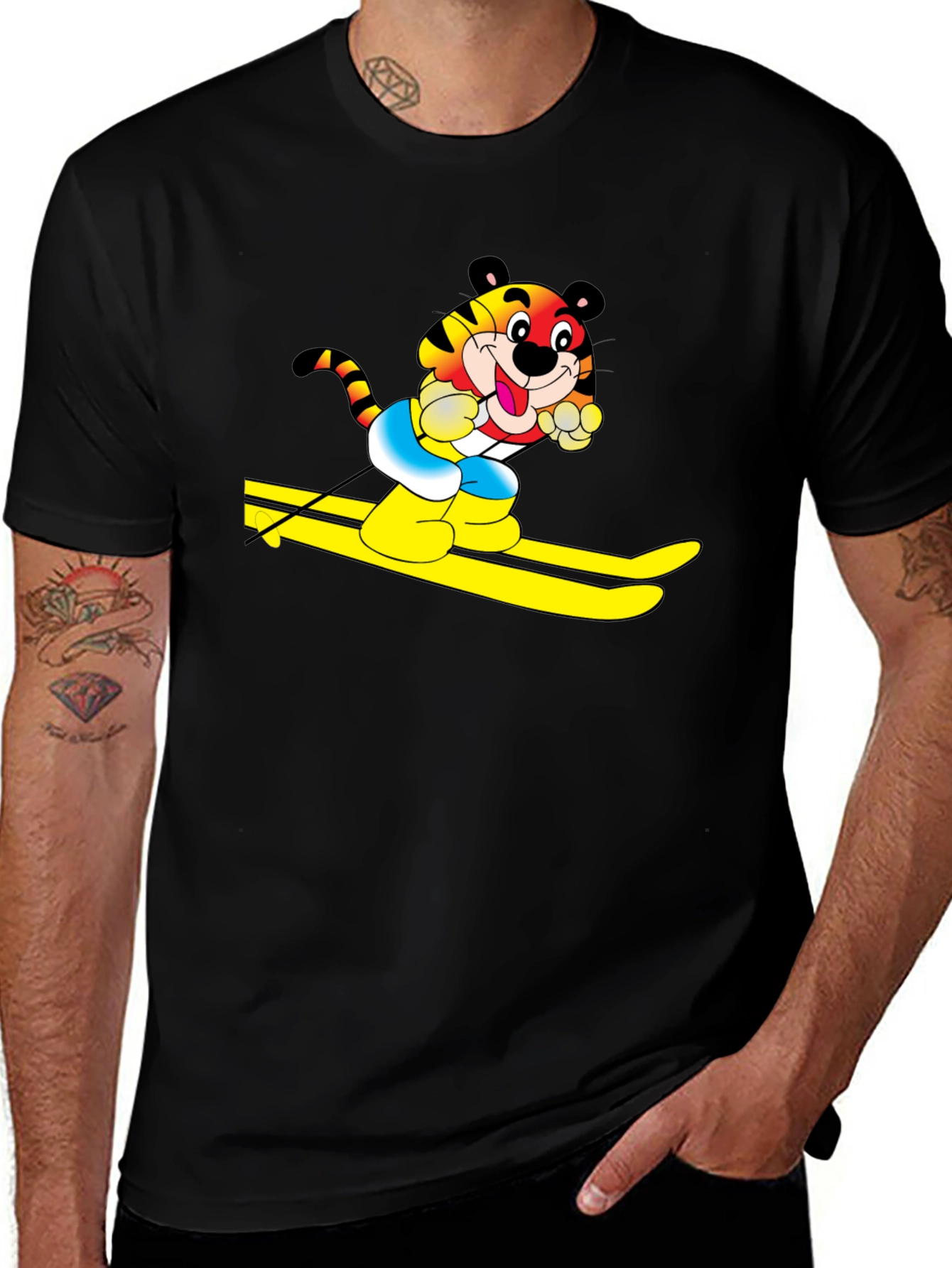 Fun Tiger Skiing Graphic Black T-Shirt