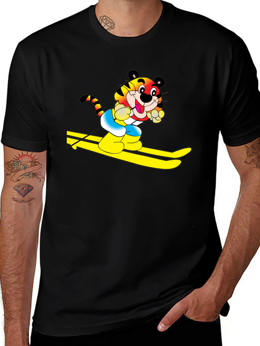 Fun Tiger Skiing Graphic Black T-Shirt
