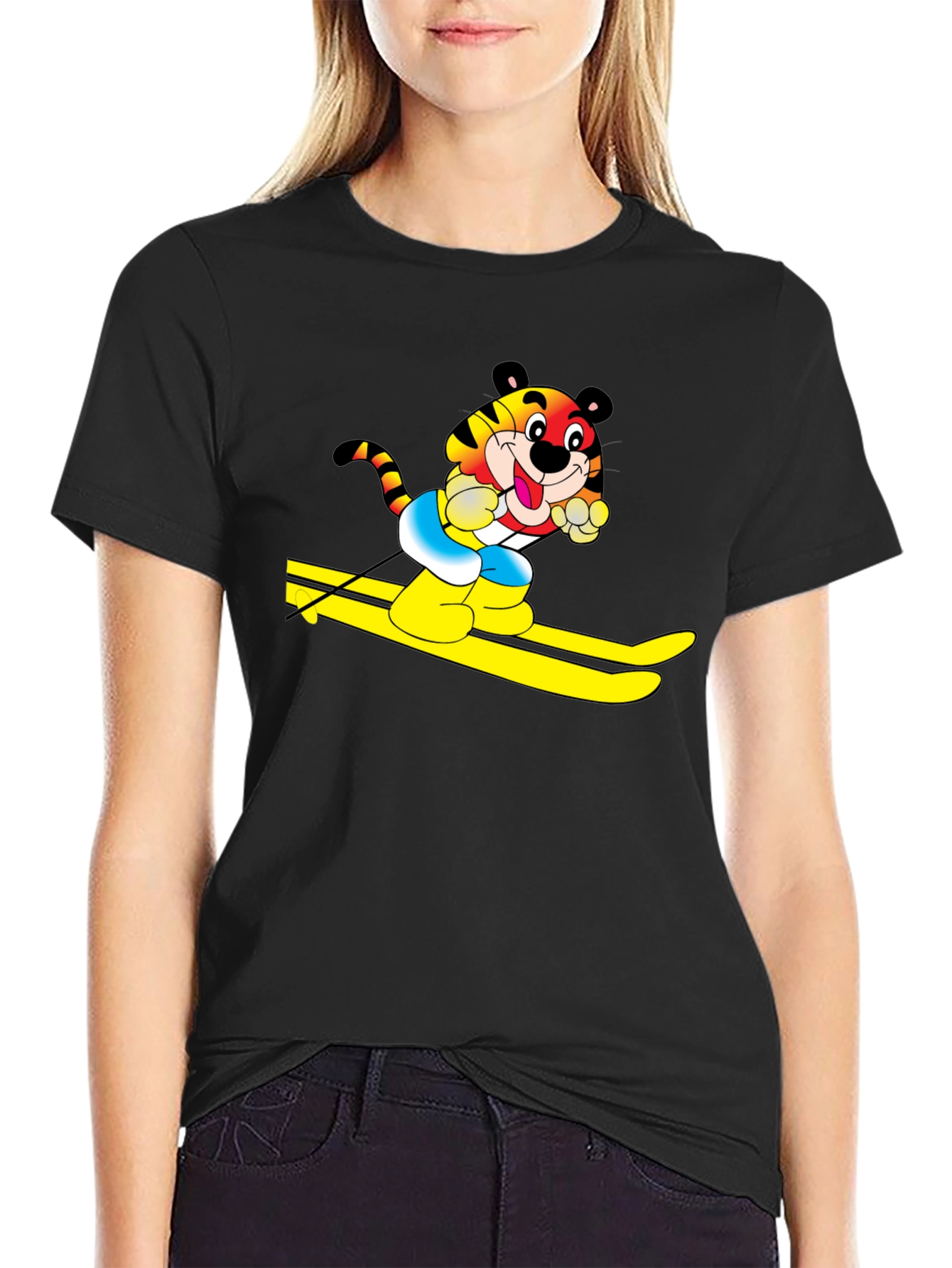 Fun Tiger Skiing Graphic Black T-Shirt