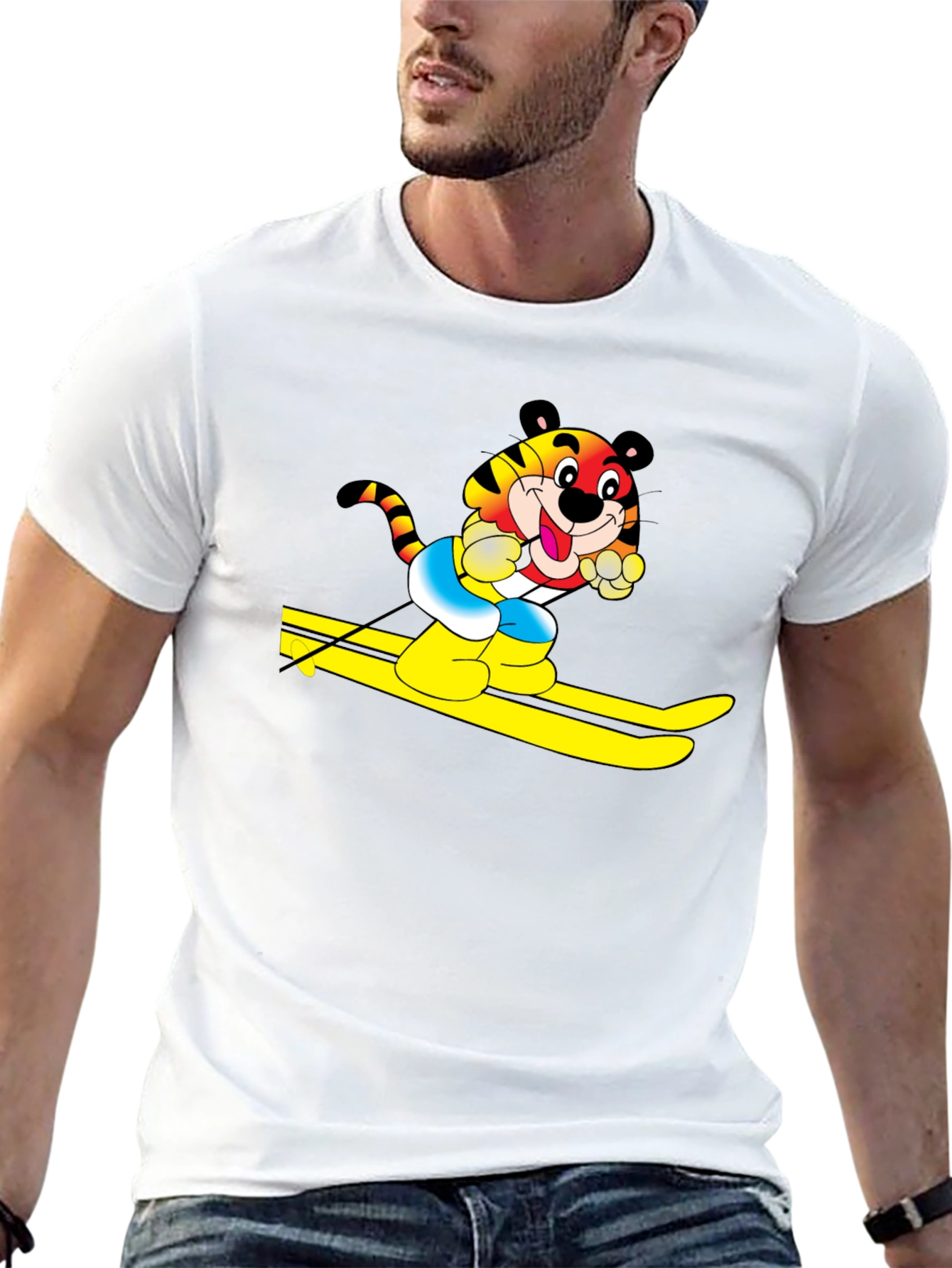 Fun Tiger Skiing Graphic Black T-Shirt