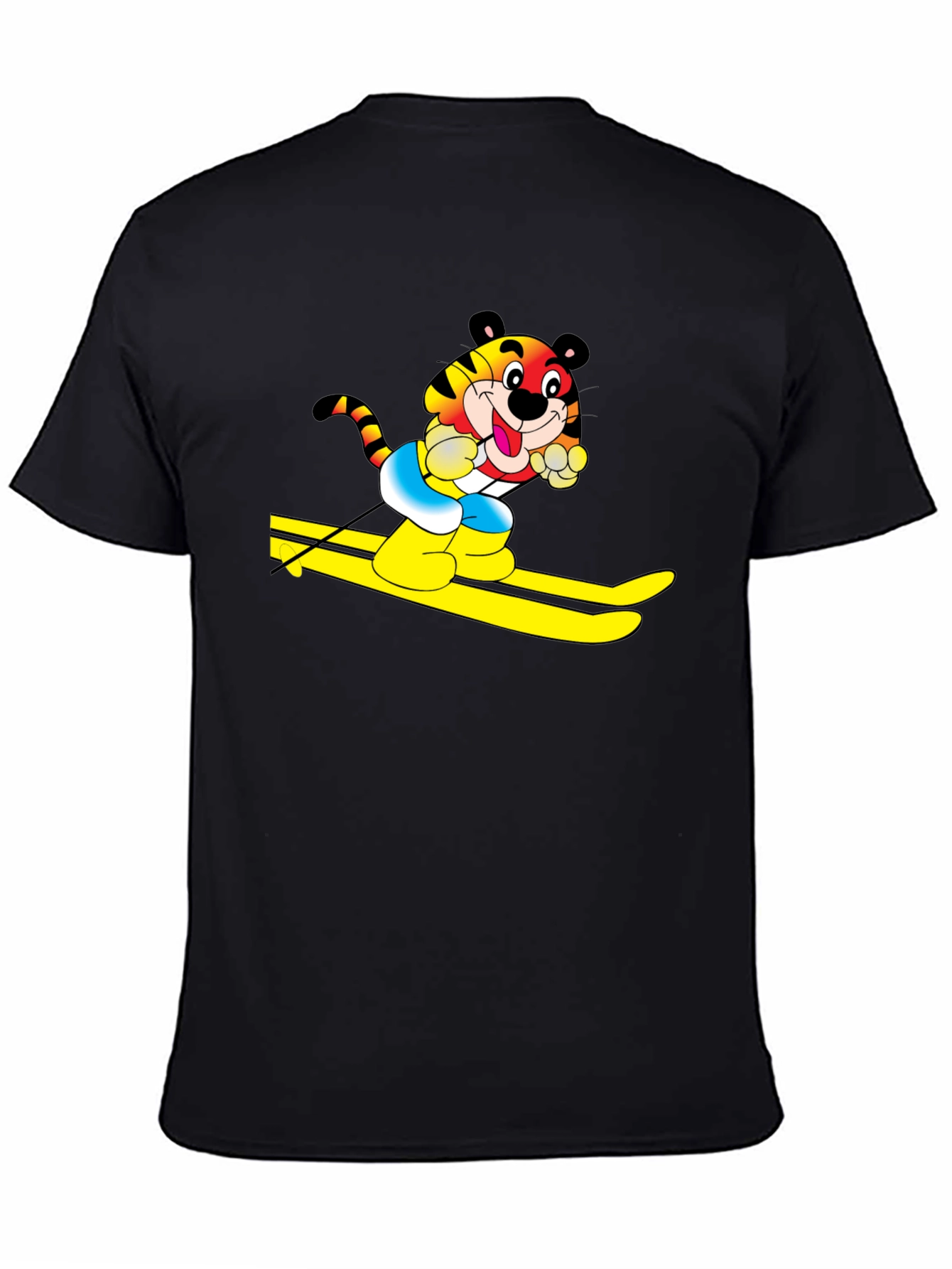 Fun Tiger Skiing Graphic Black T-Shirt