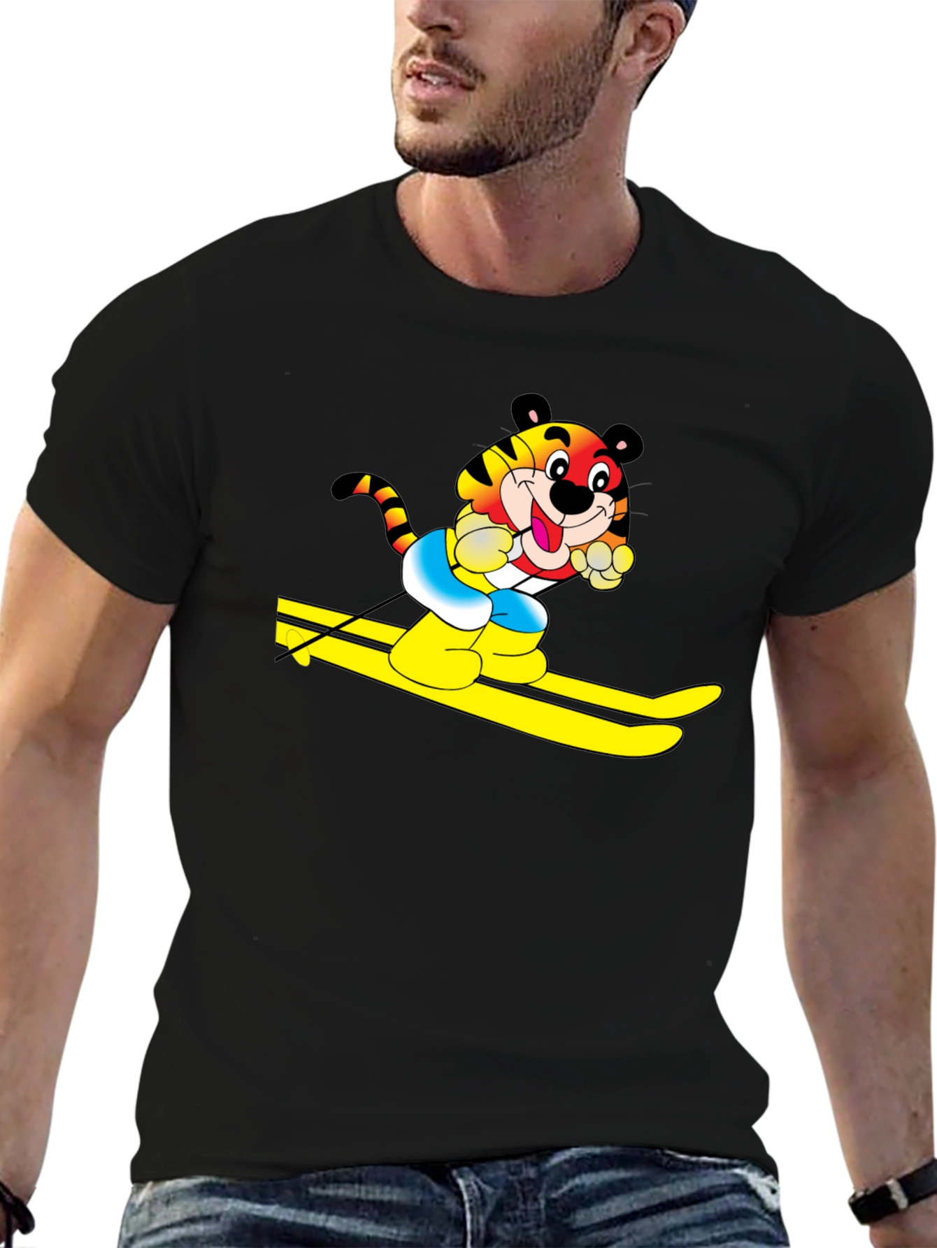 Fun Tiger Skiing Graphic Black T-Shirt