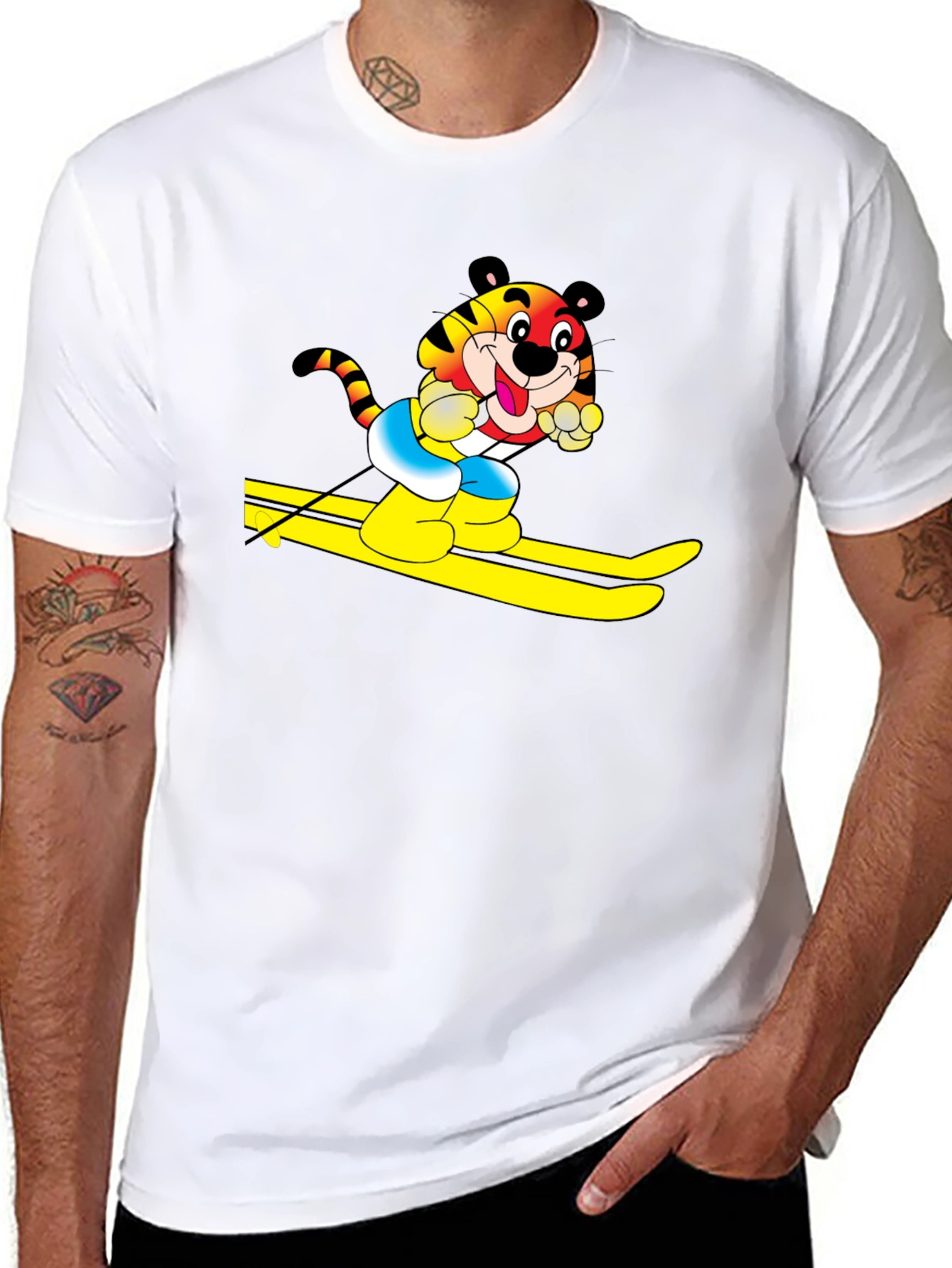 Fun Tiger Skiing Graphic Black T-Shirt
