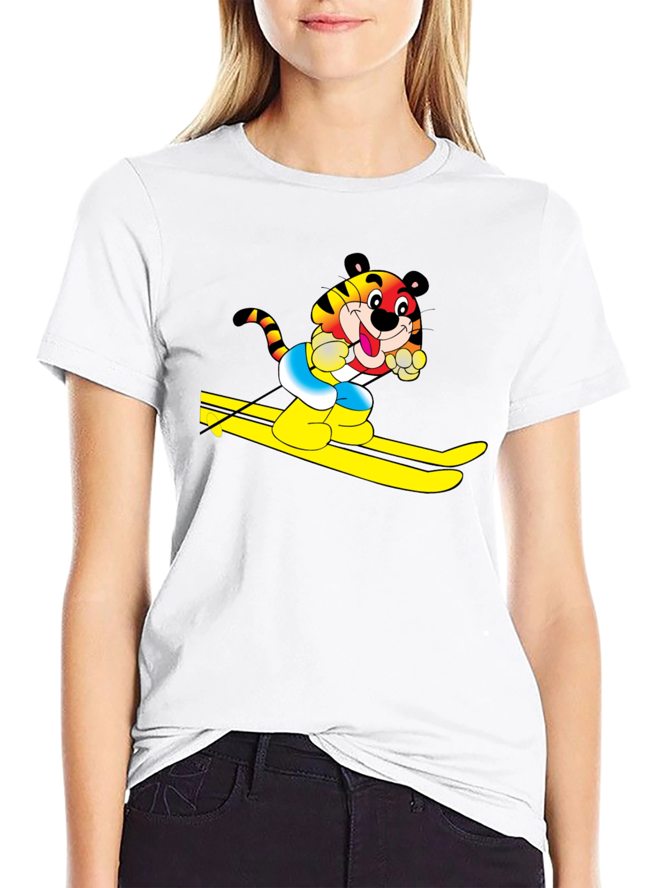 Fun Tiger Skiing Graphic Black T-Shirt