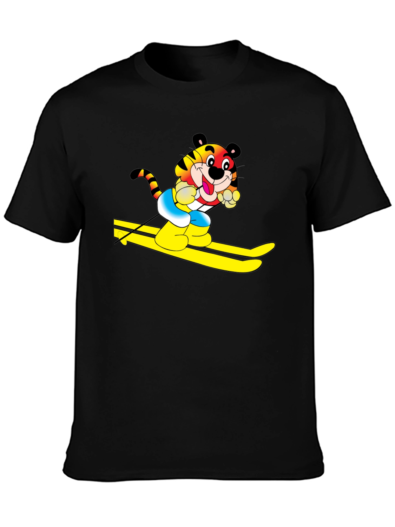 Fun Tiger Skiing Graphic Black T-Shirt