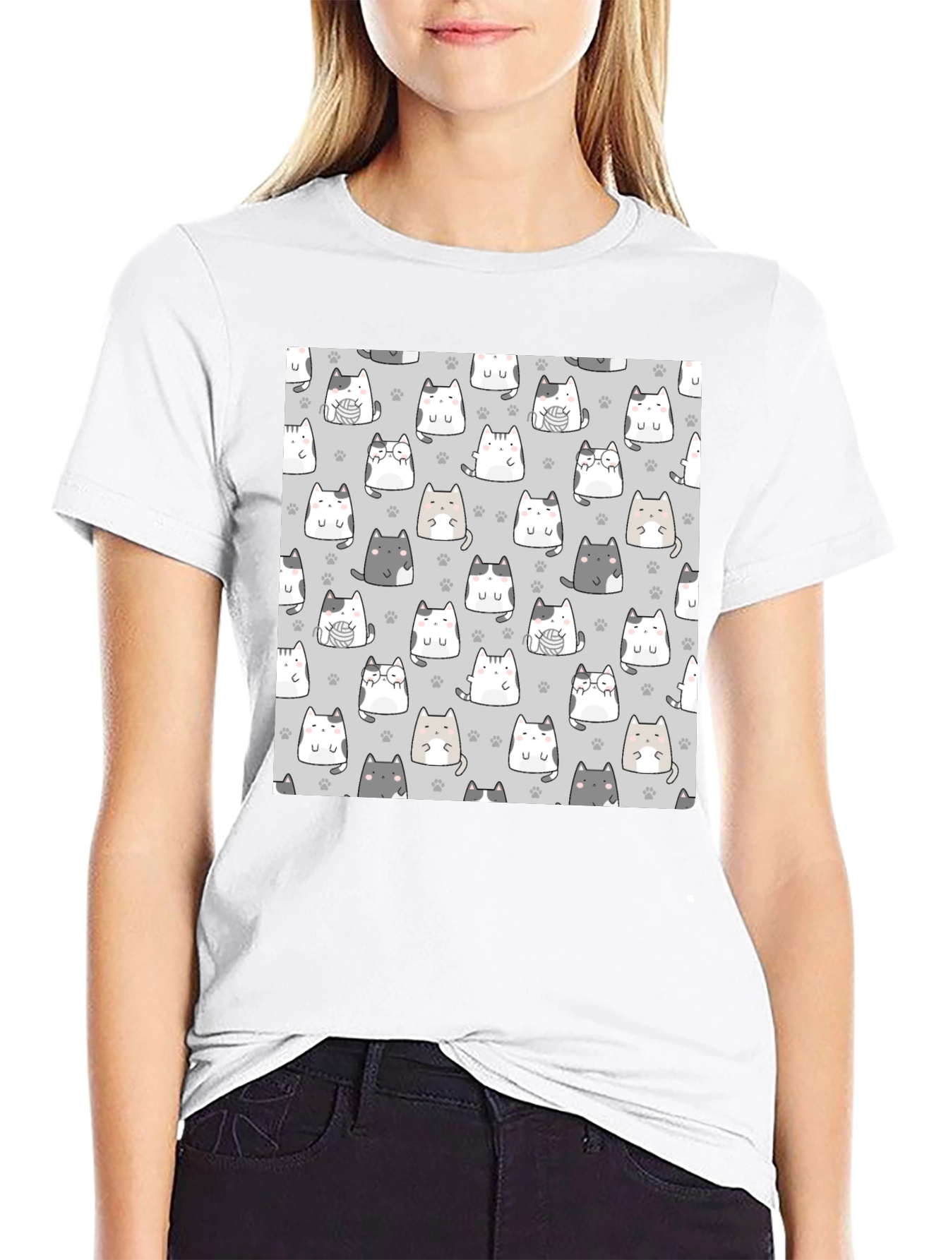 Cute Cats Pattern Black T-Shirt