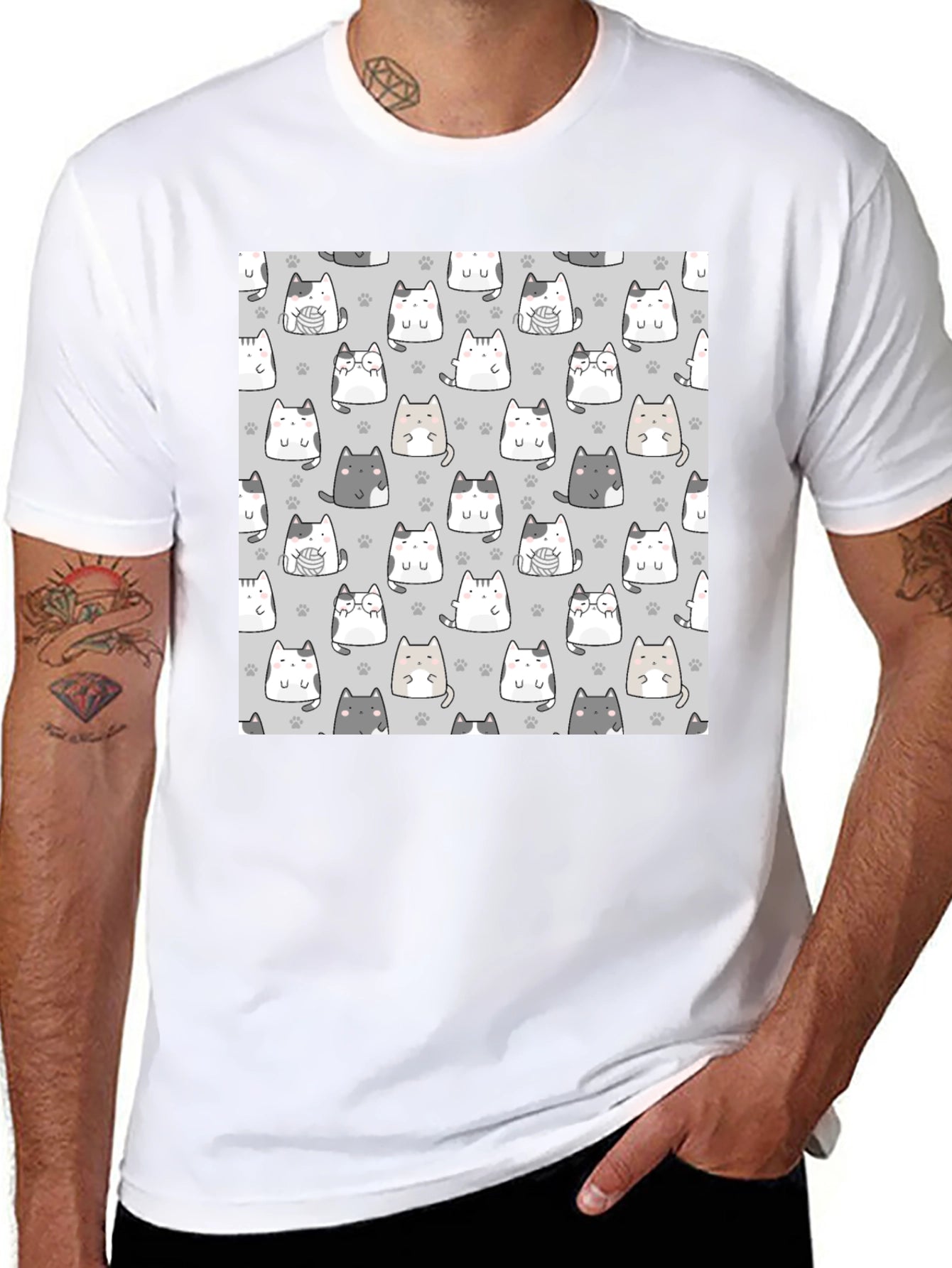 Cute Cats Pattern Black T-Shirt