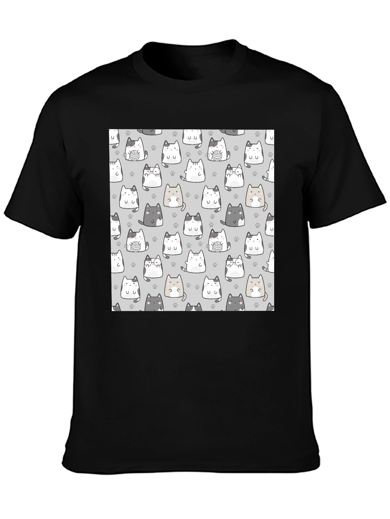 Cute Cats Pattern Black T-Shirt