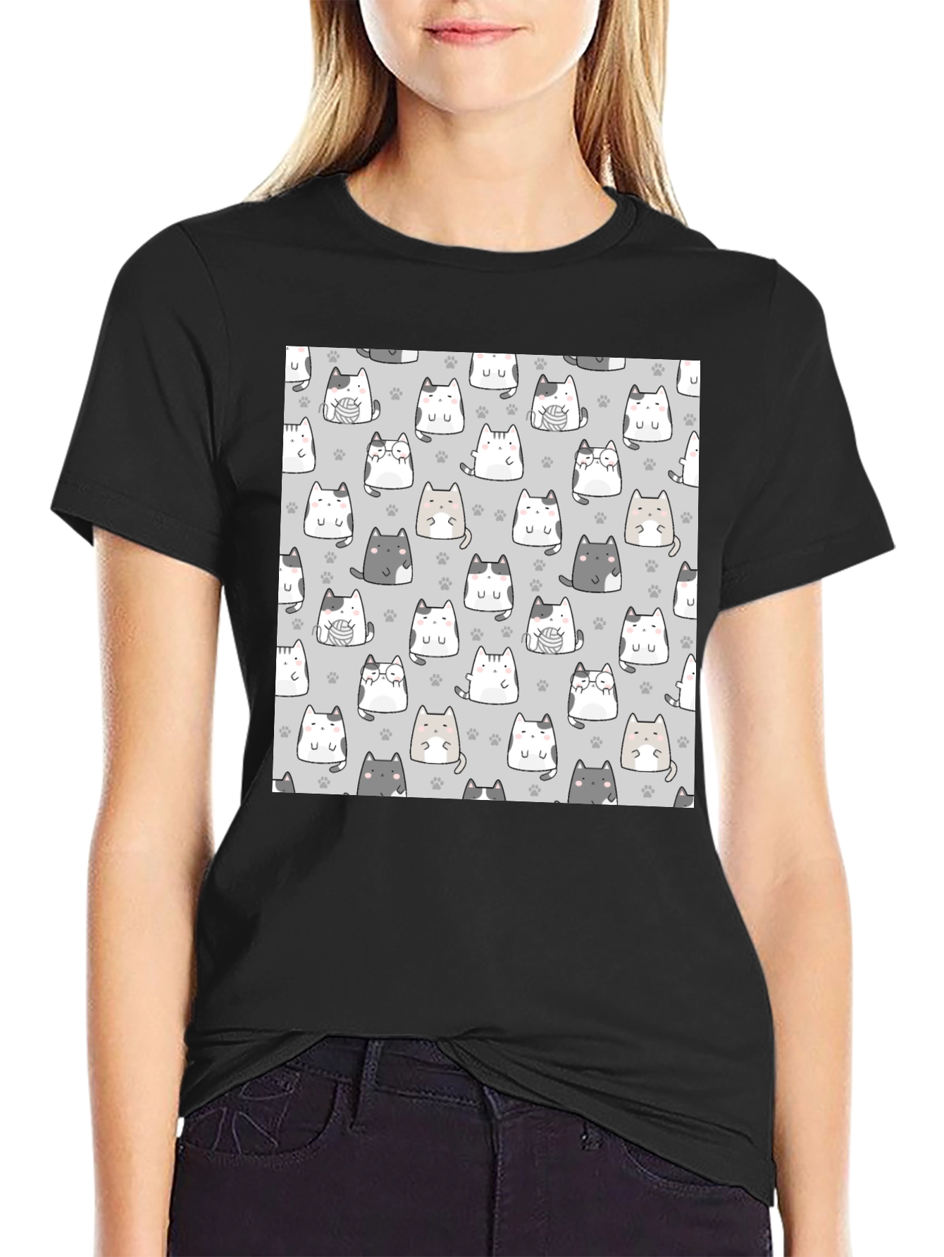 Cute Cats Pattern Black T-Shirt