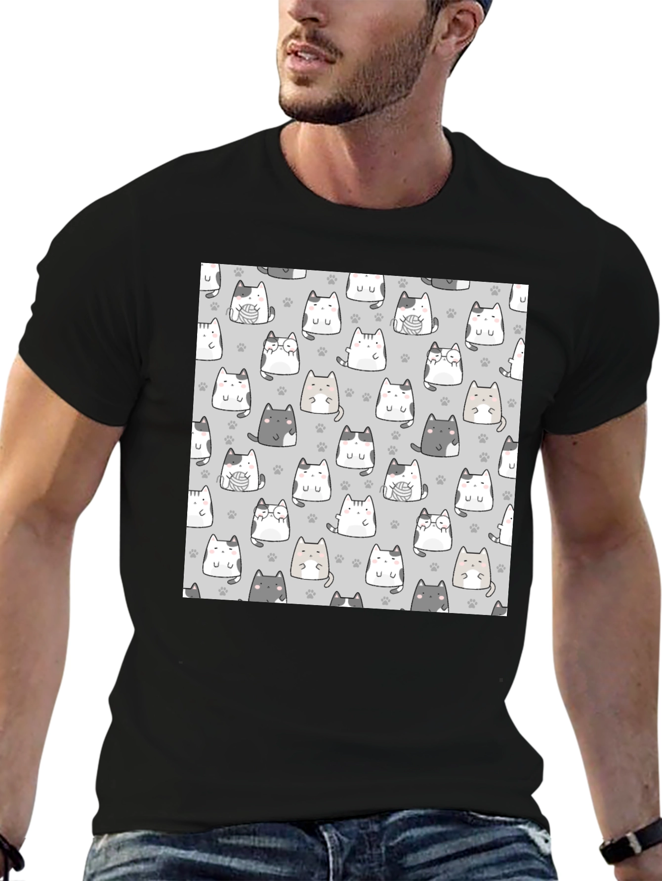 Cute Cats Pattern Black T-Shirt