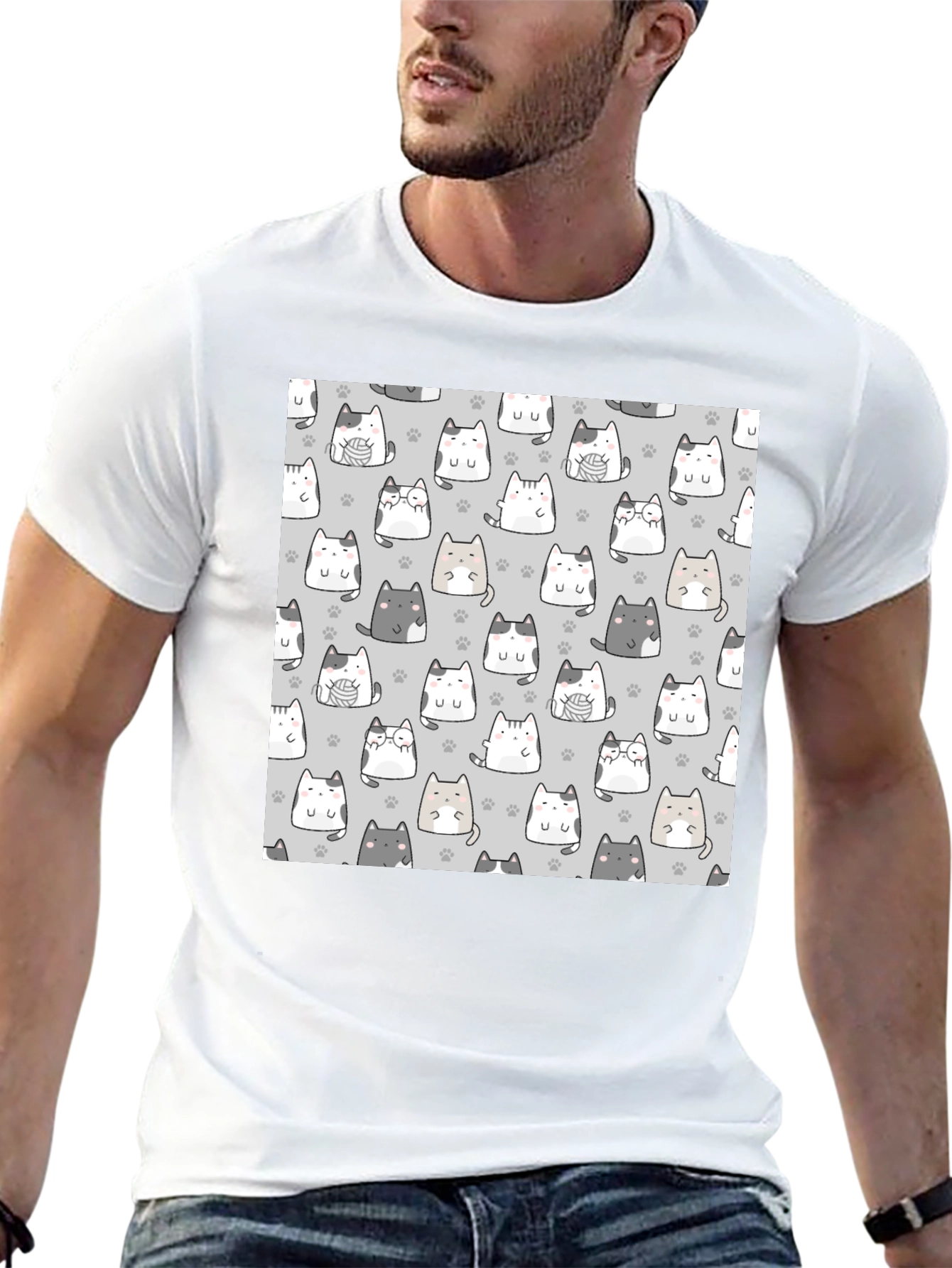 Cute Cats Pattern Black T-Shirt