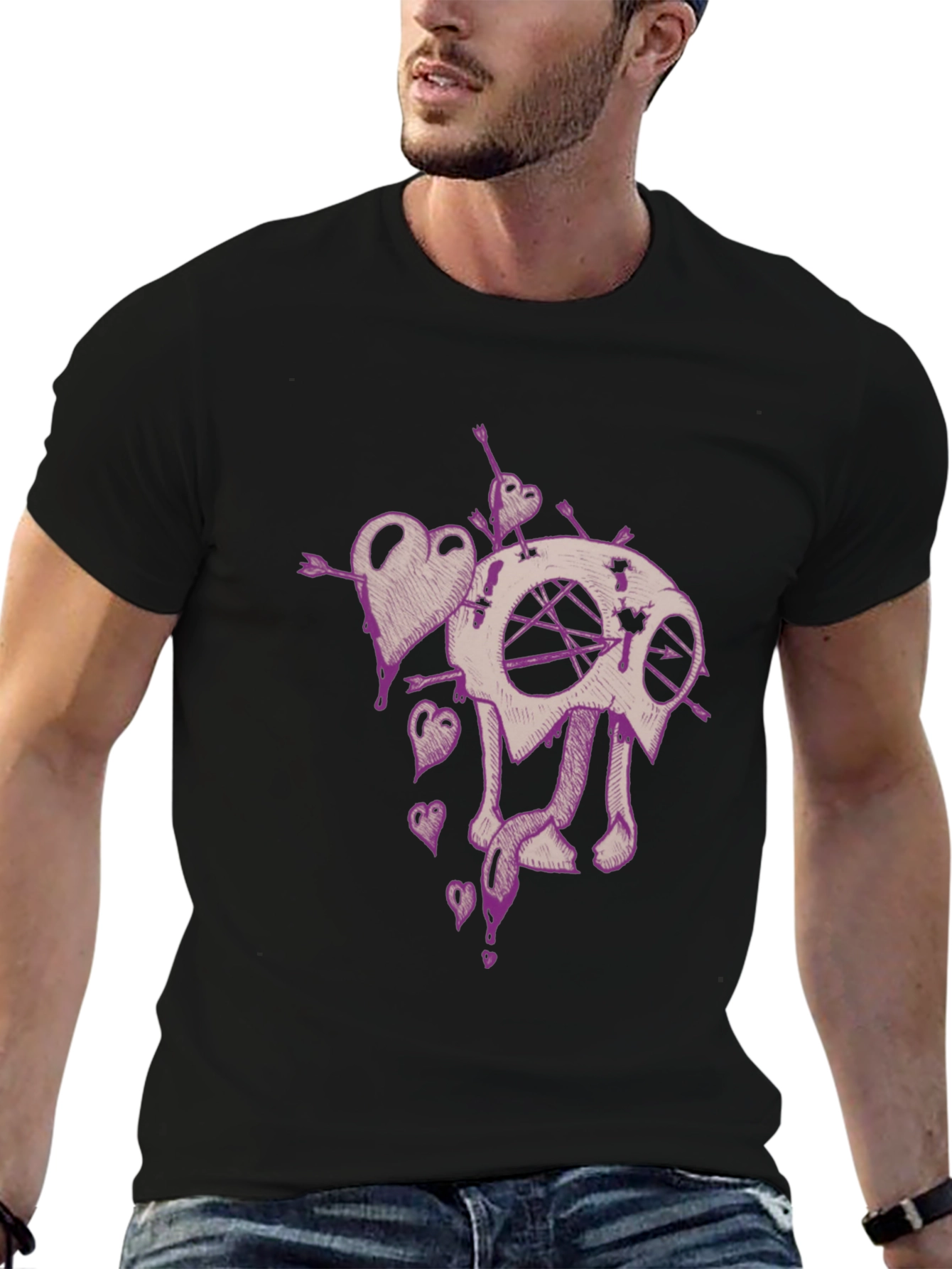Edgy Heart and Skull Graphic Tee - Black
