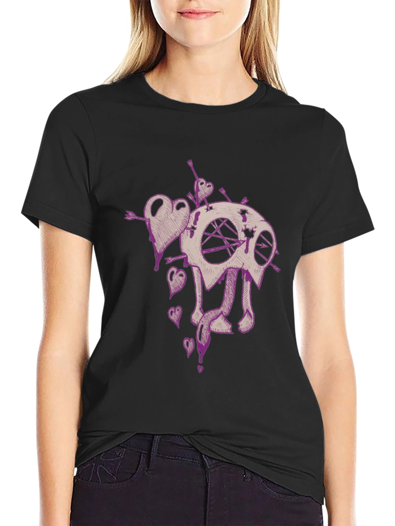 Edgy Heart and Skull Graphic Tee - Black