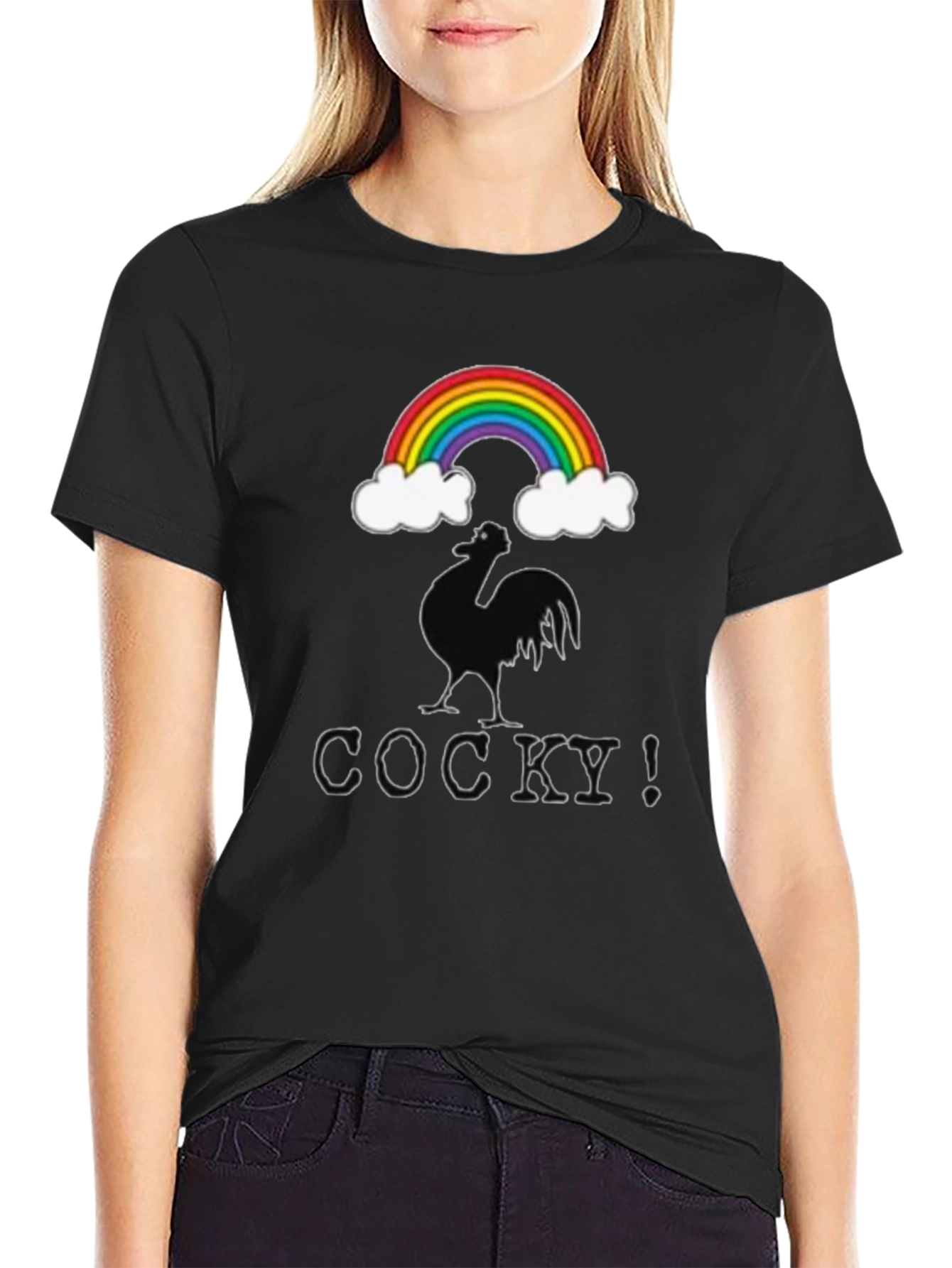 Cocky Graphic T-Shirt - Rainbow Rooster Design