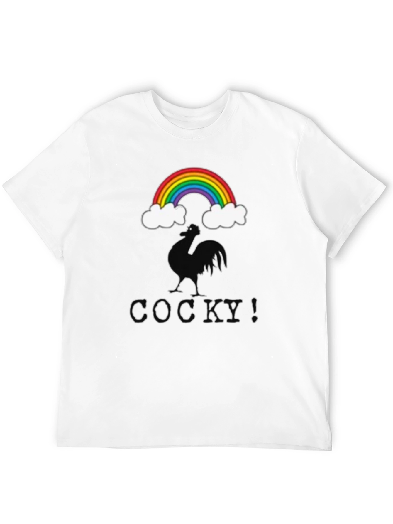Cocky Graphic T-Shirt - Rainbow Rooster Design
