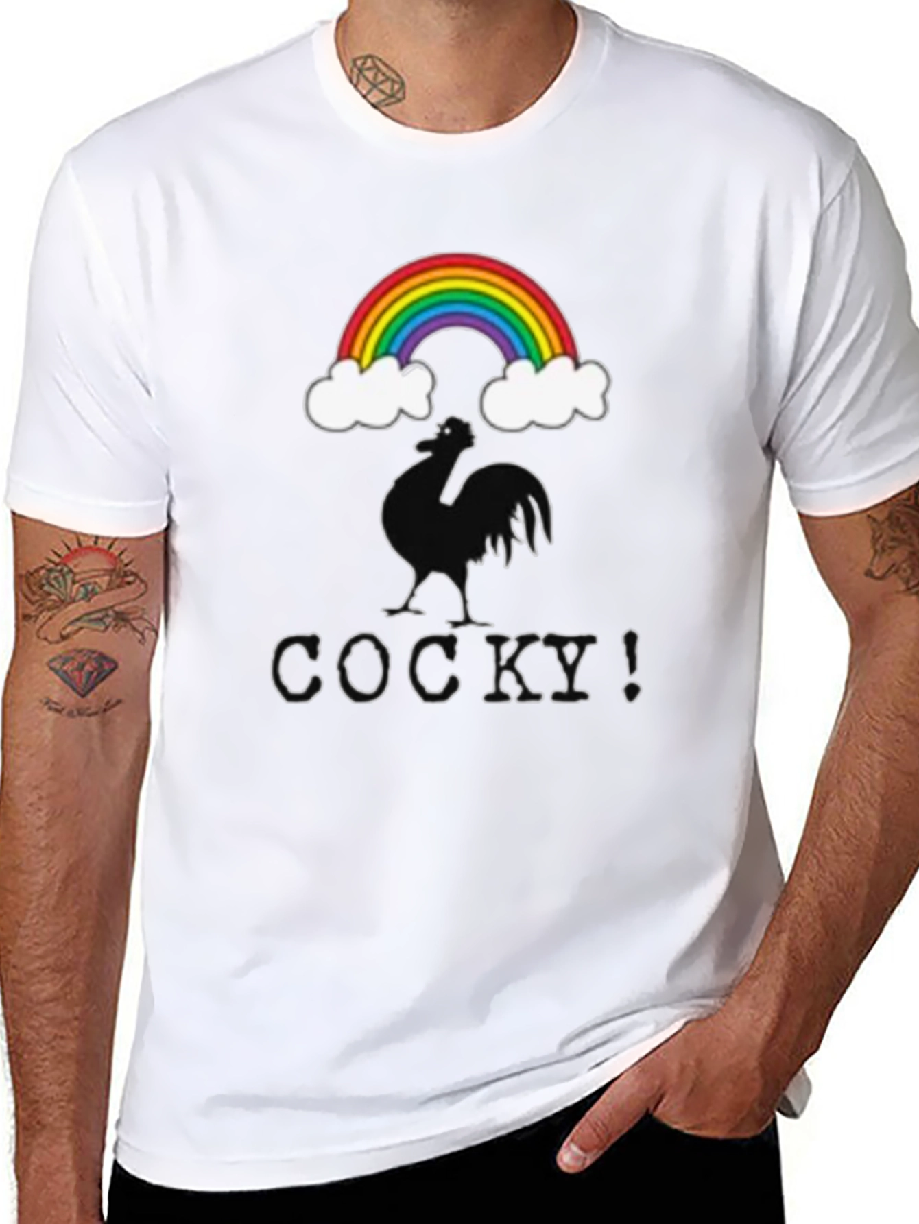 Cocky Graphic T-Shirt - Rainbow Rooster Design