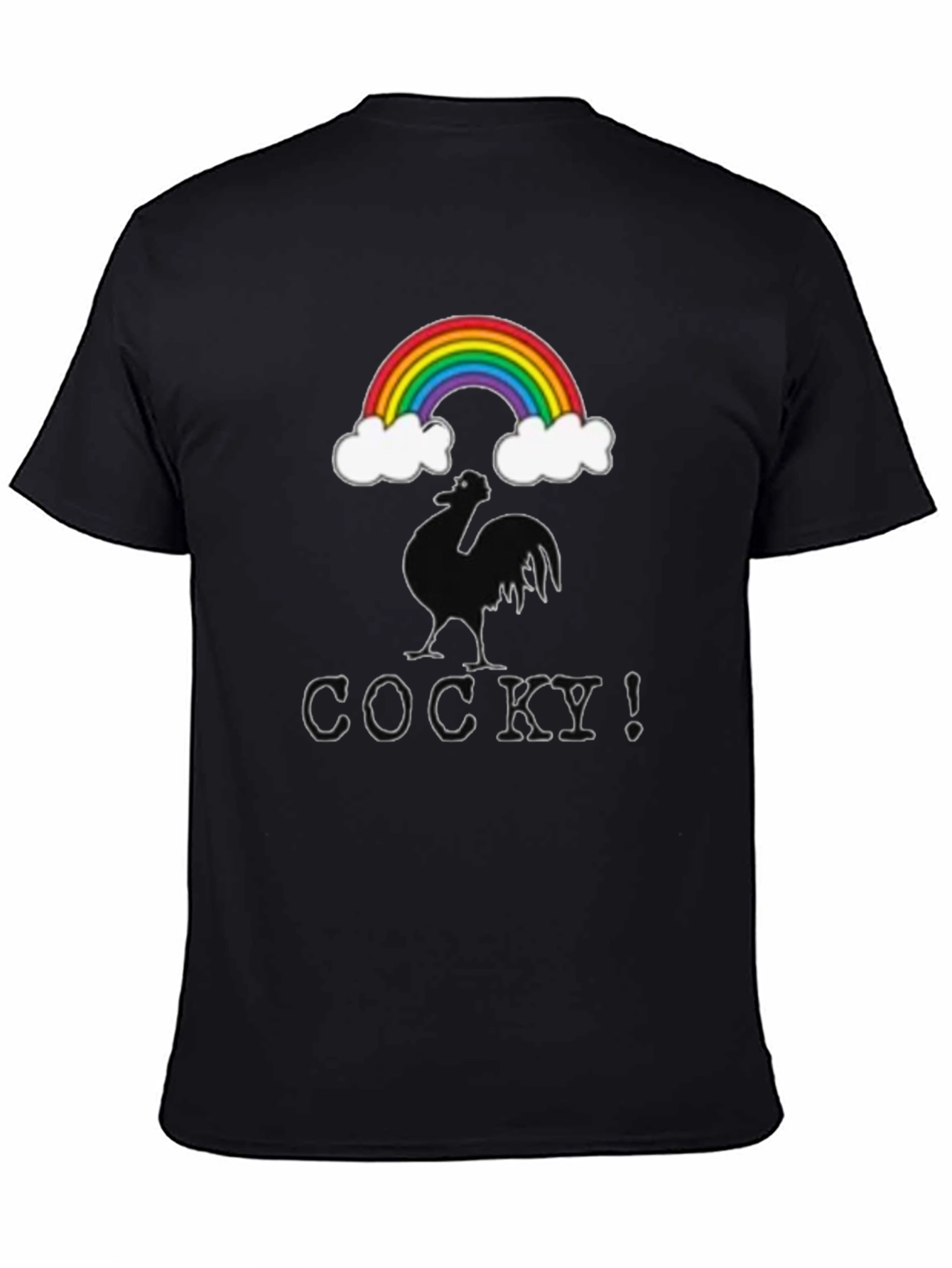 Cocky Graphic T-Shirt - Rainbow Rooster Design