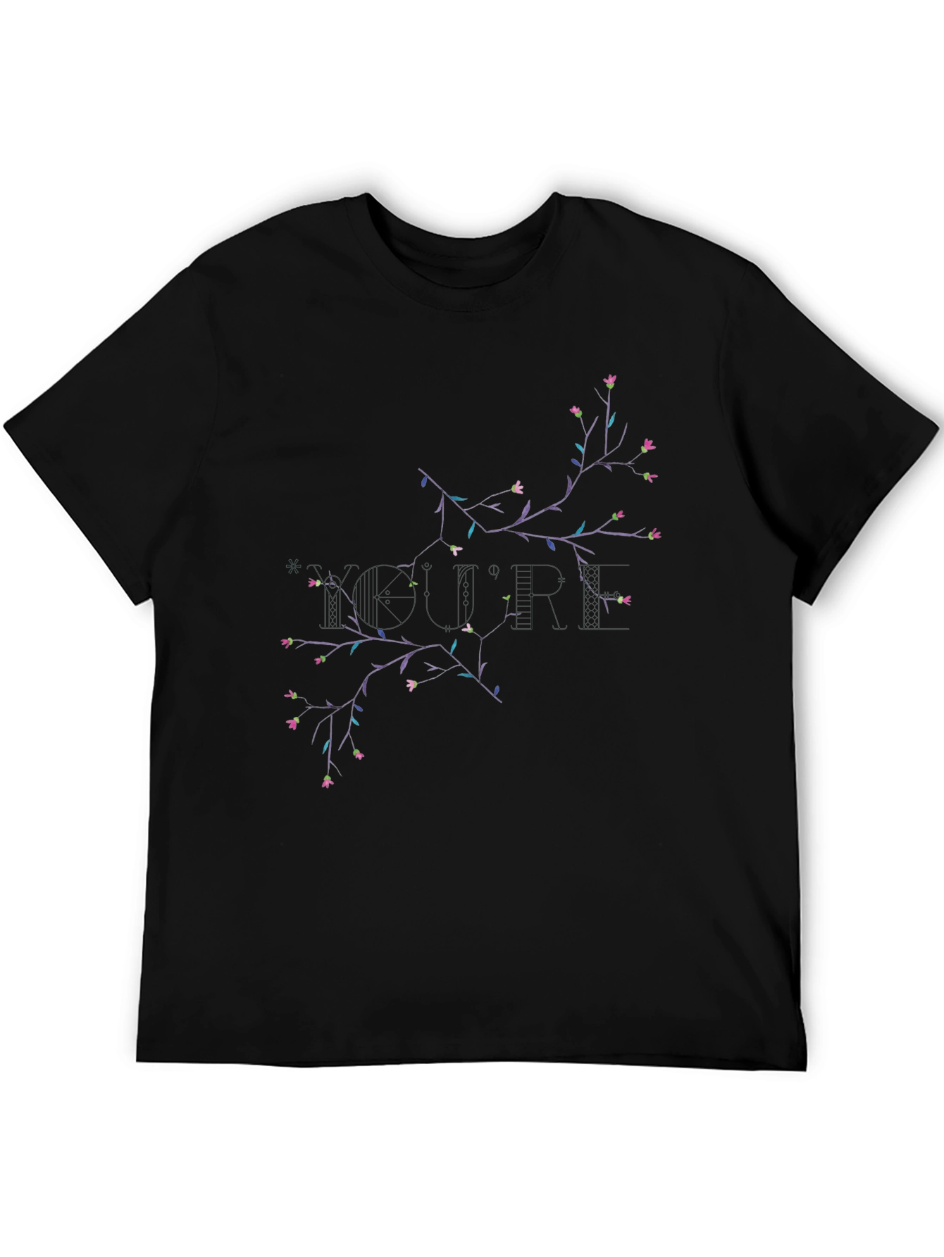 Floral Branch Print Black Crewneck T-Shirt
