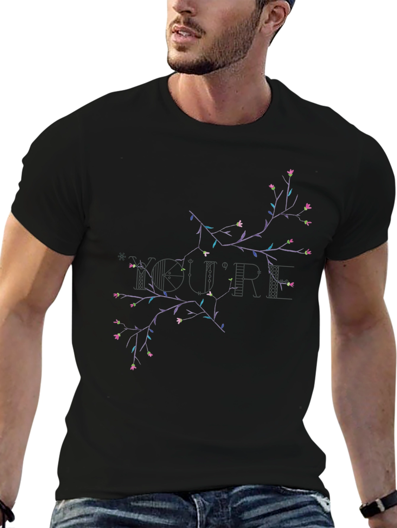 Floral Branch Print Black Crewneck T-Shirt