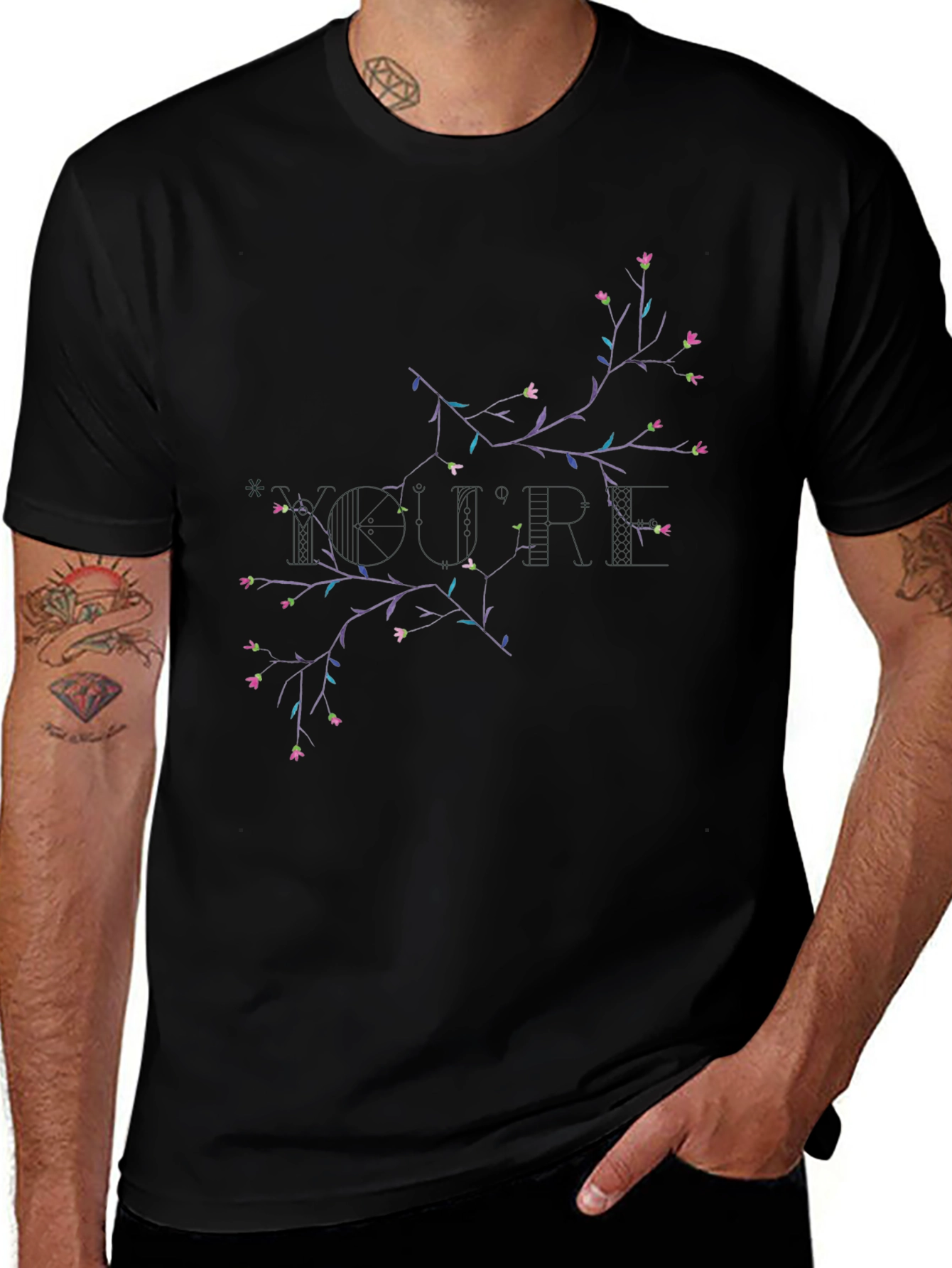 Floral Branch Print Black Crewneck T-Shirt