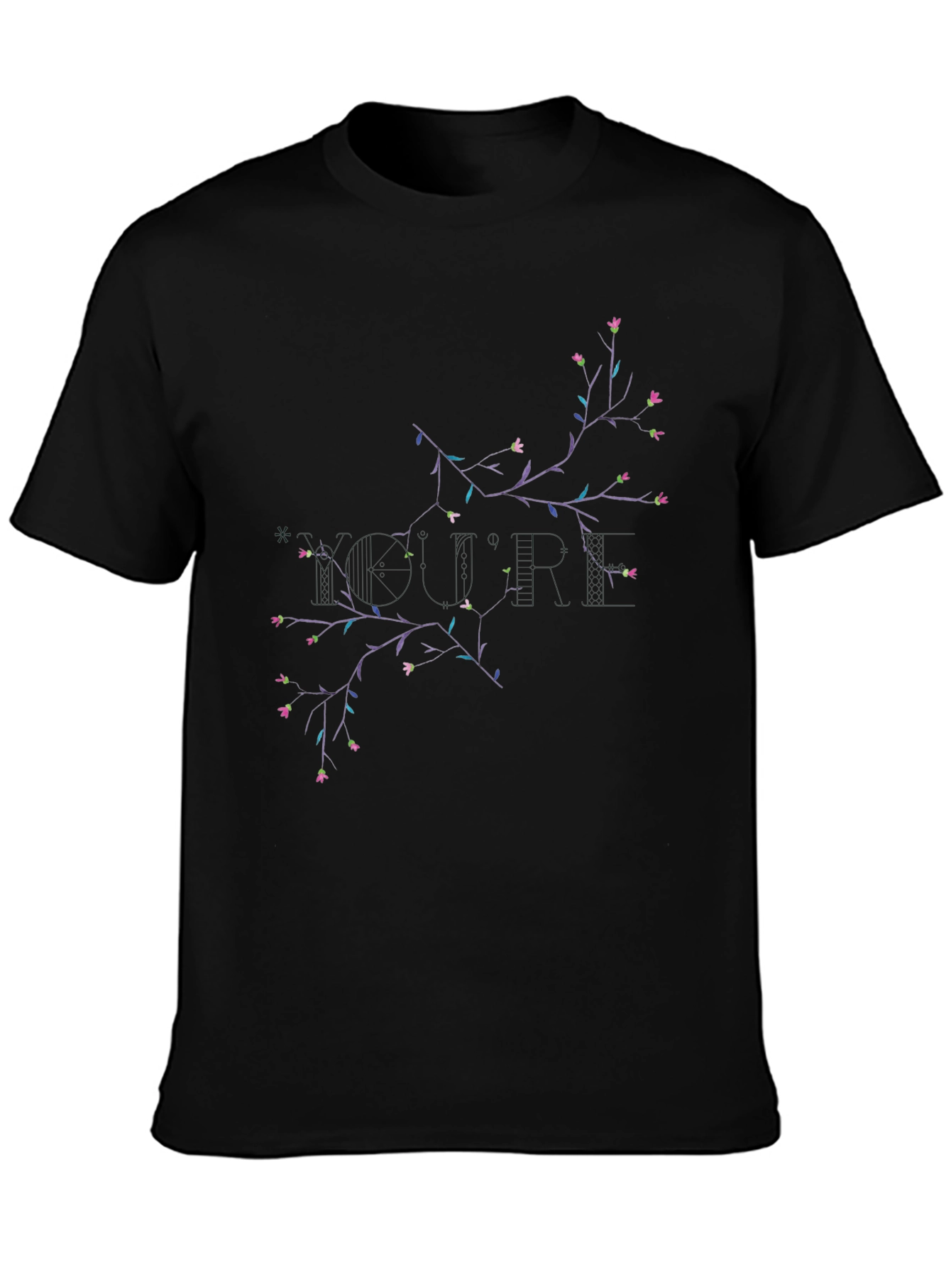 Floral Branch Print Black Crewneck T-Shirt
