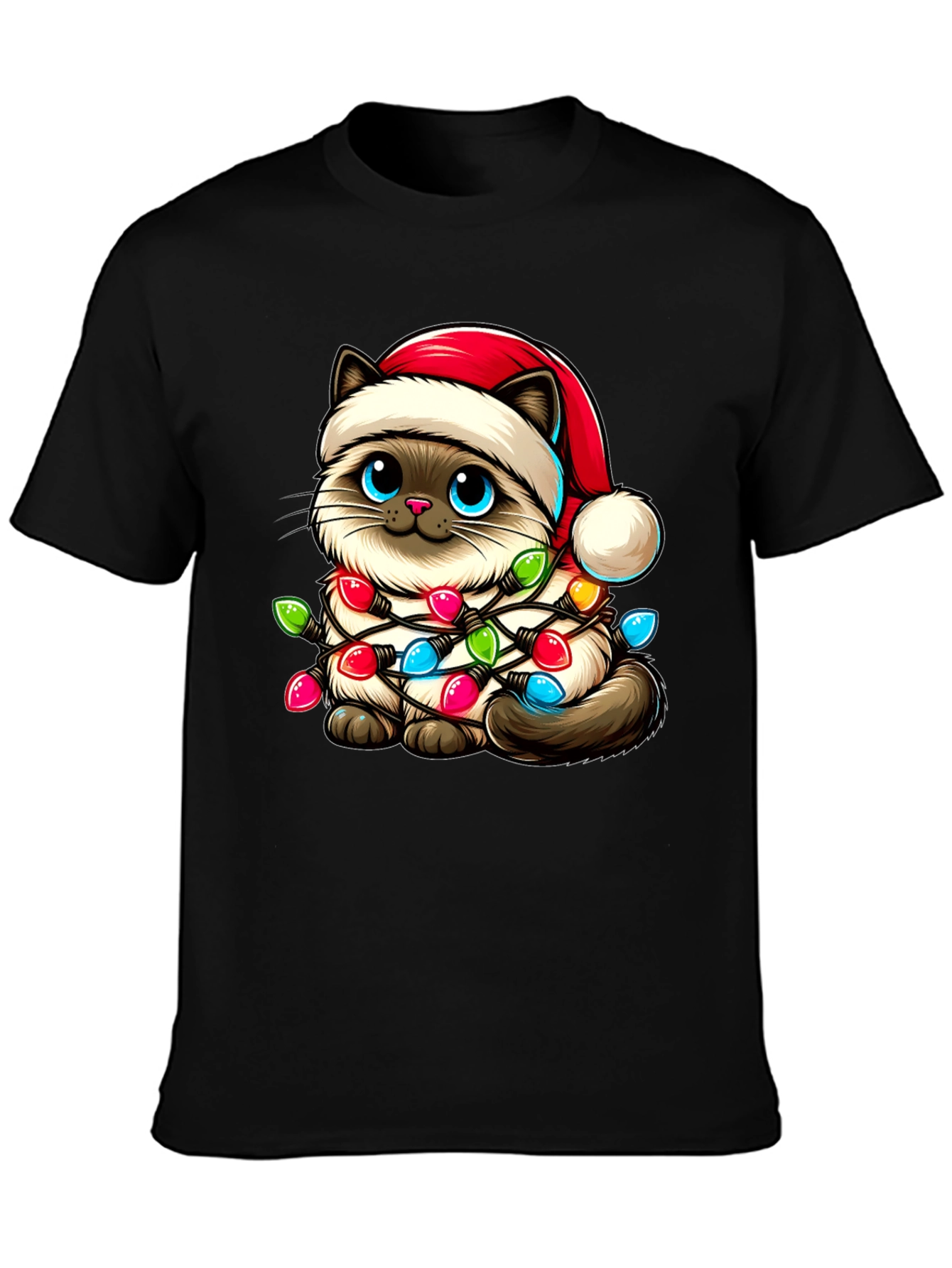 Festive Cat T-Shirt - Christmas Lights & Santa Hat
