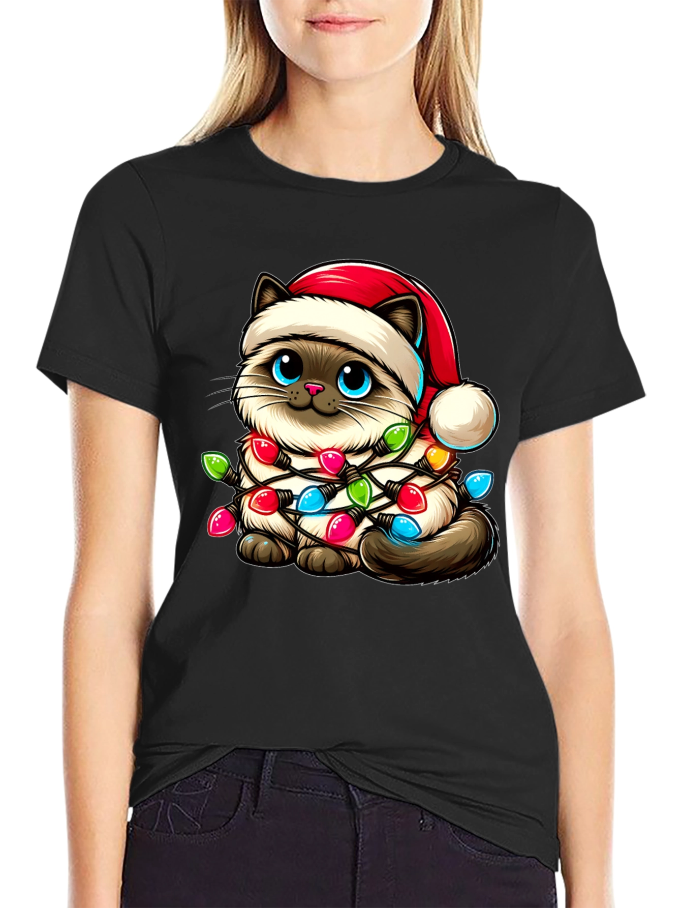 Festive Cat T-Shirt - Christmas Lights & Santa Hat