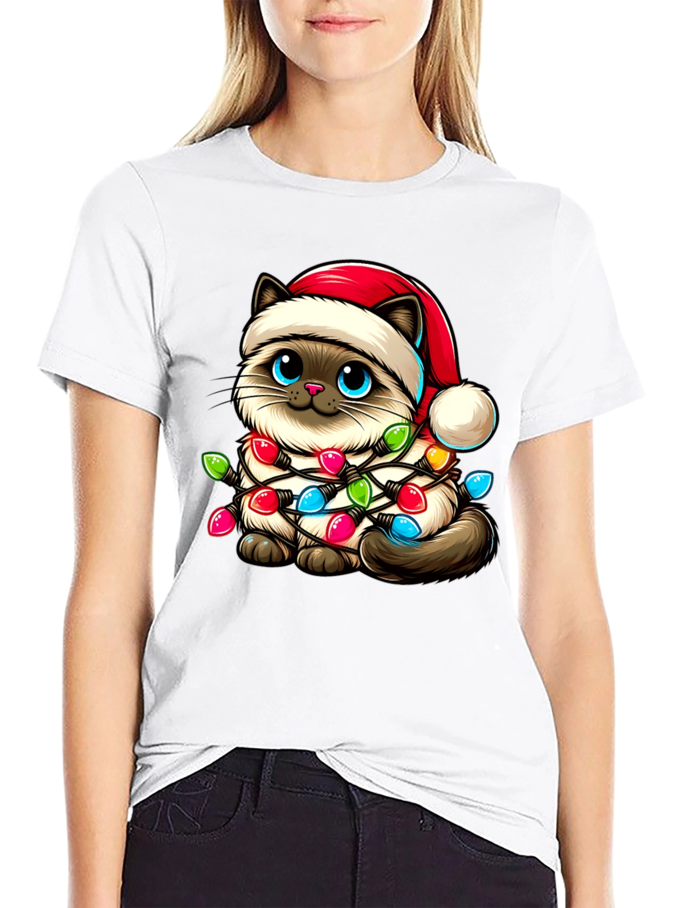 Festive Cat T-Shirt - Christmas Lights & Santa Hat