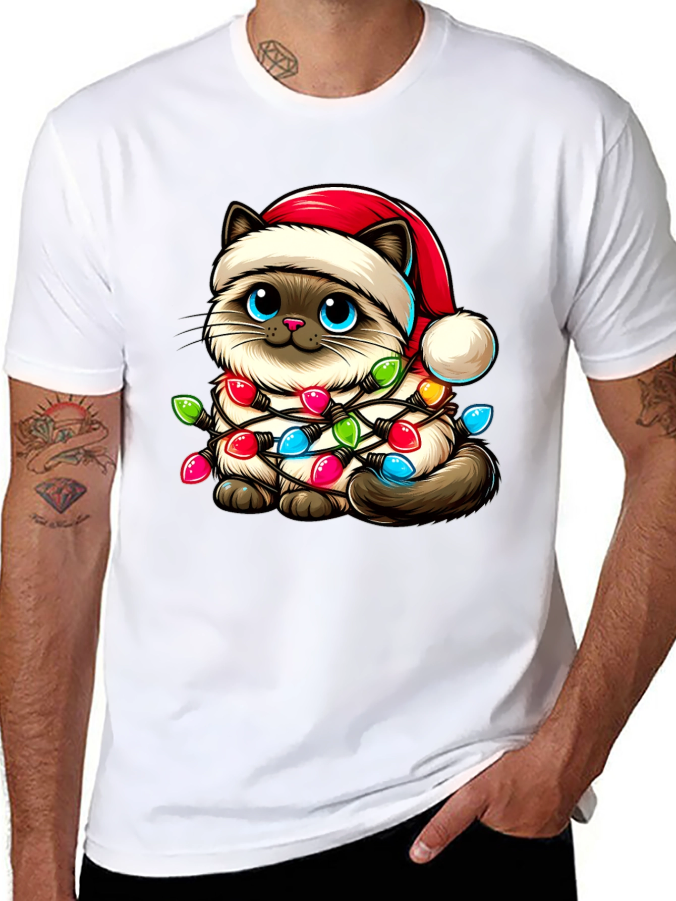 Festive Cat T-Shirt - Christmas Lights & Santa Hat