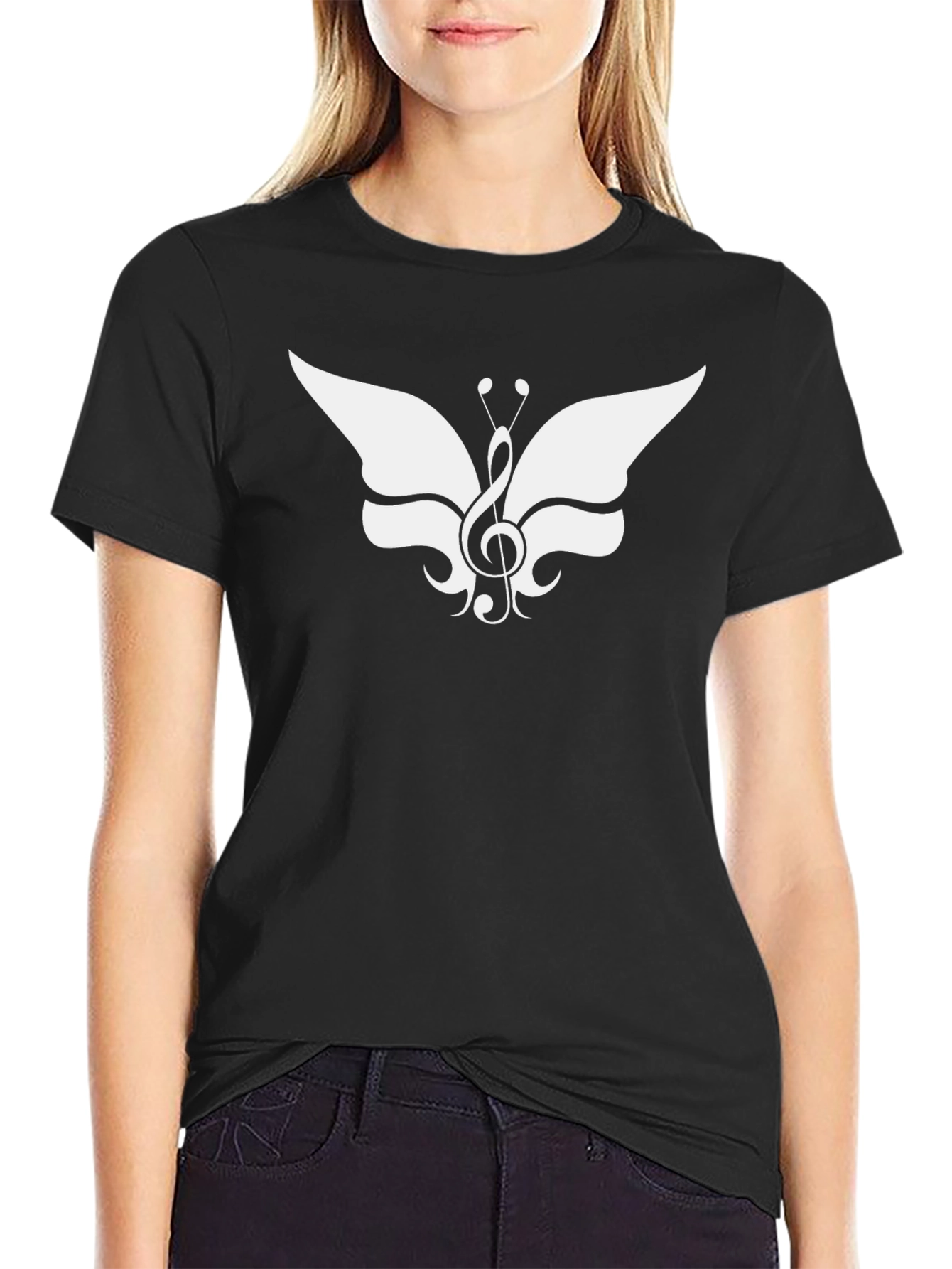 Musical Butterfly Graphic Tee - Stylish Black T-Shirt
