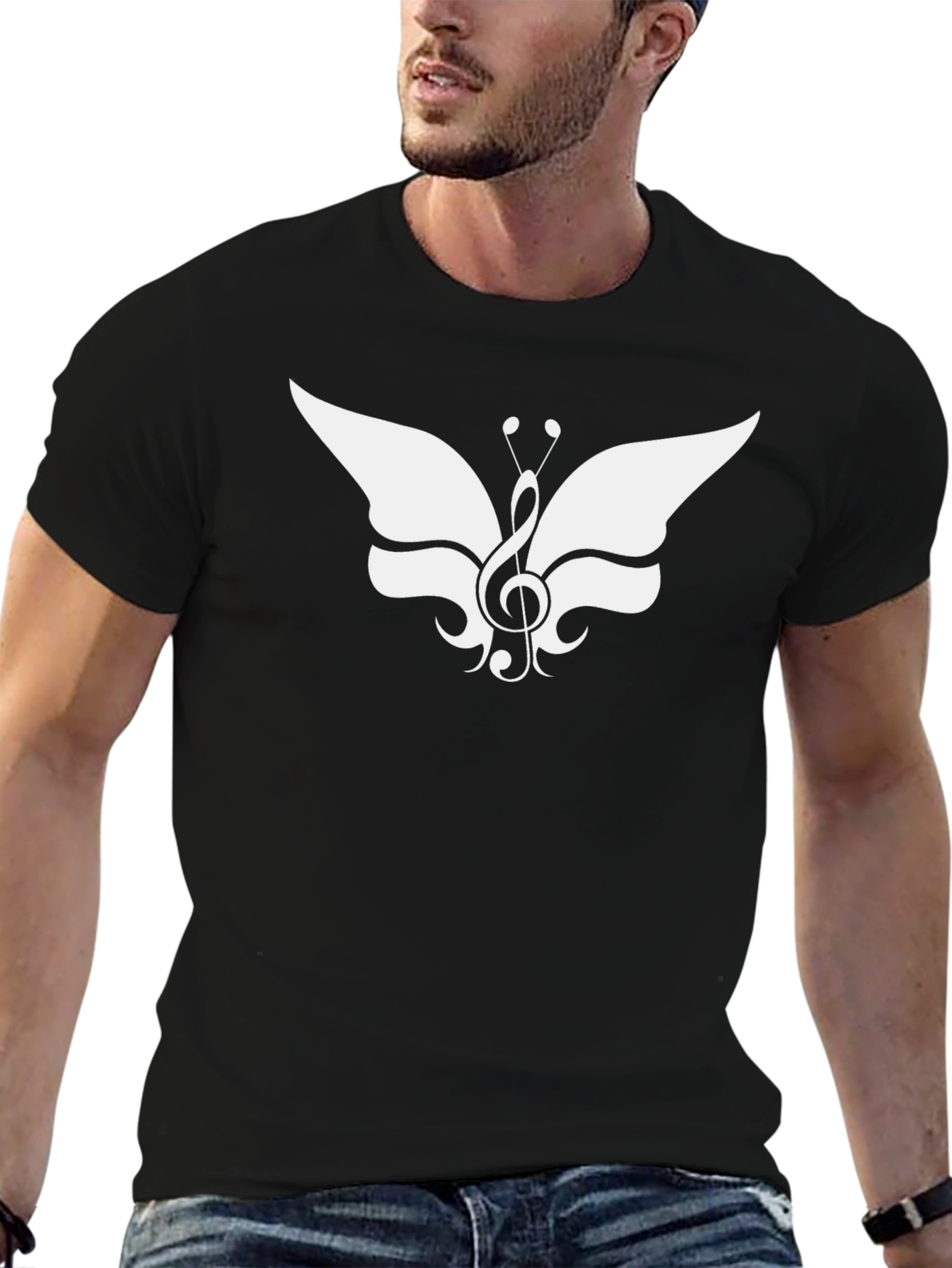 Musical Butterfly Graphic Tee - Stylish Black T-Shirt
