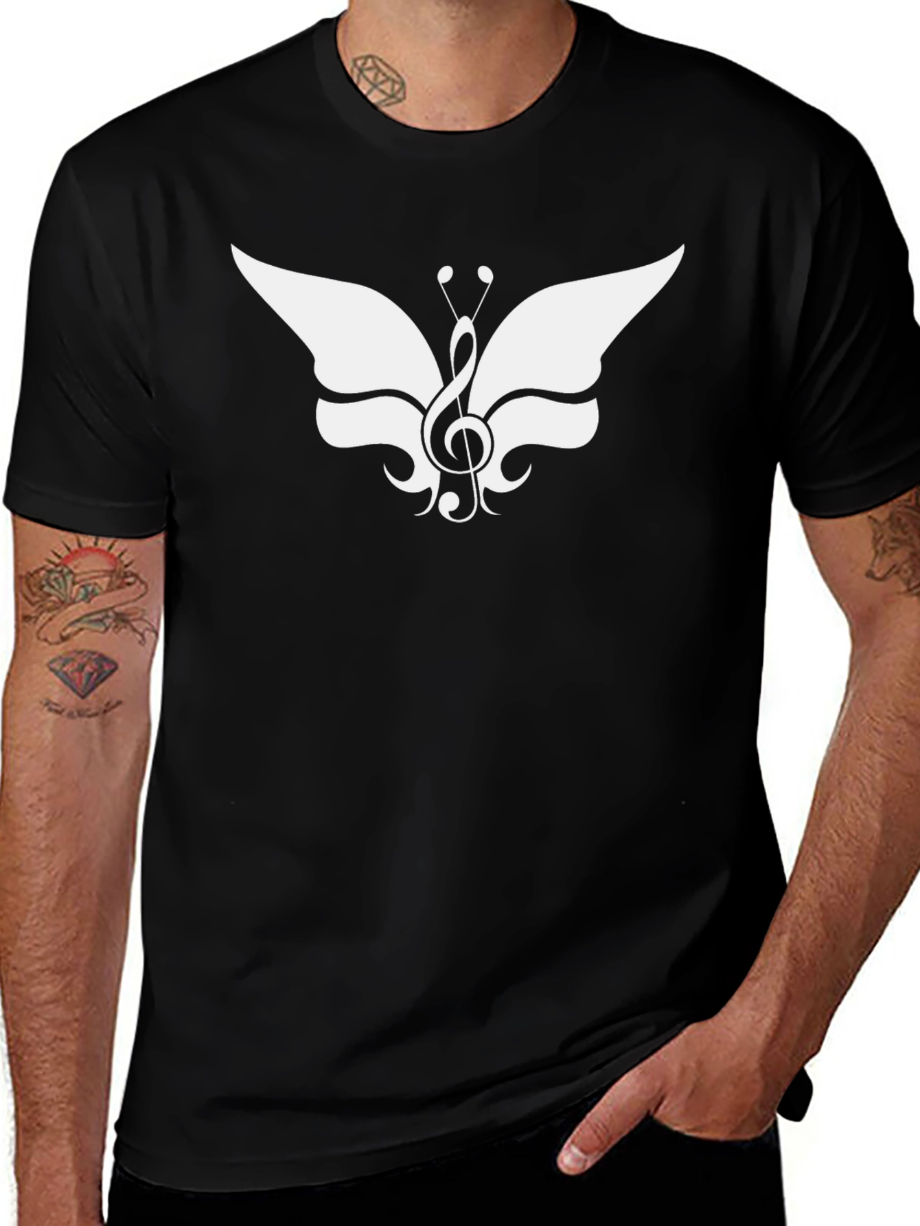 Musical Butterfly Graphic Tee - Stylish Black T-Shirt
