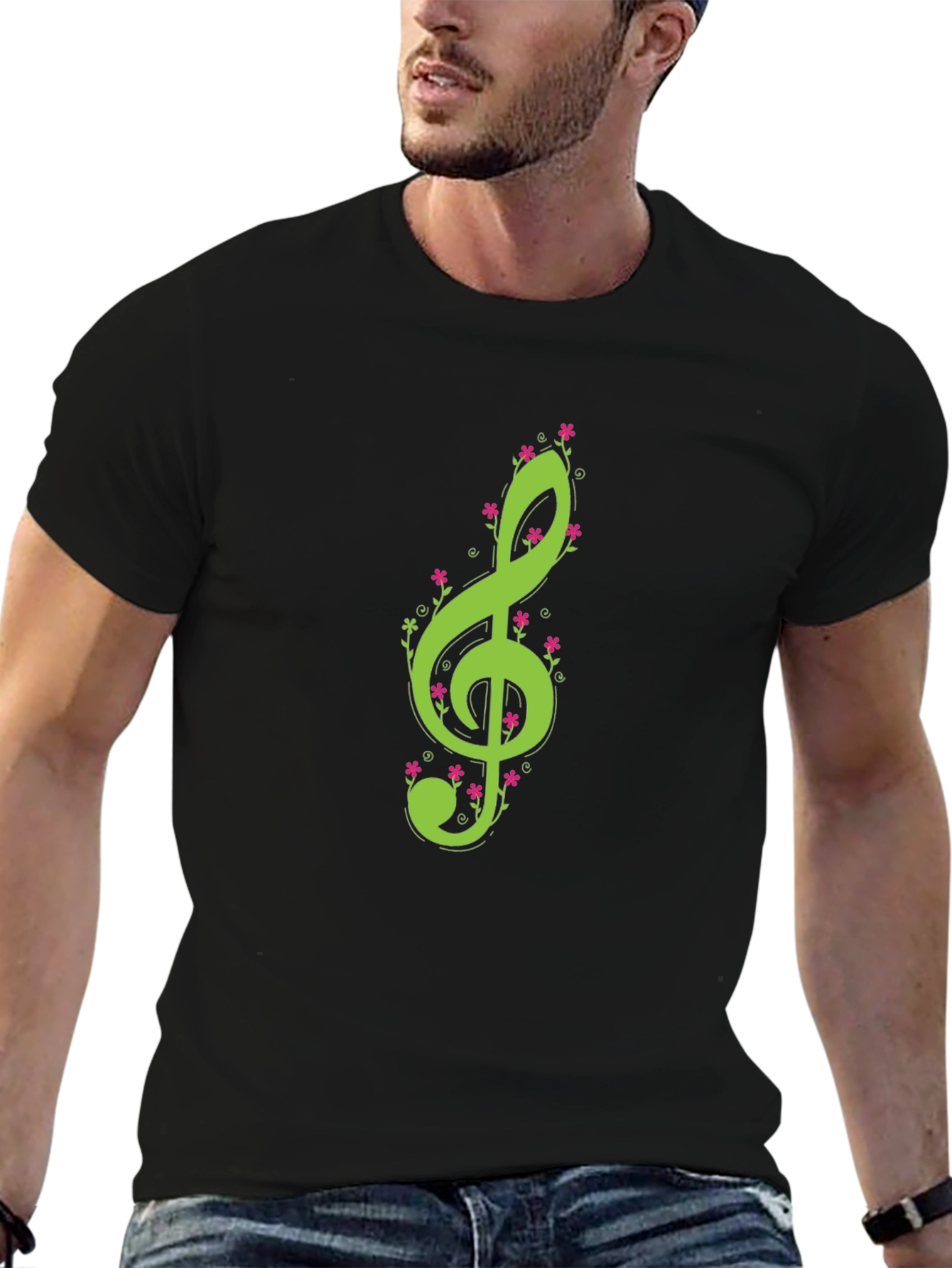 Floral Treble Clef Black T-Shirt