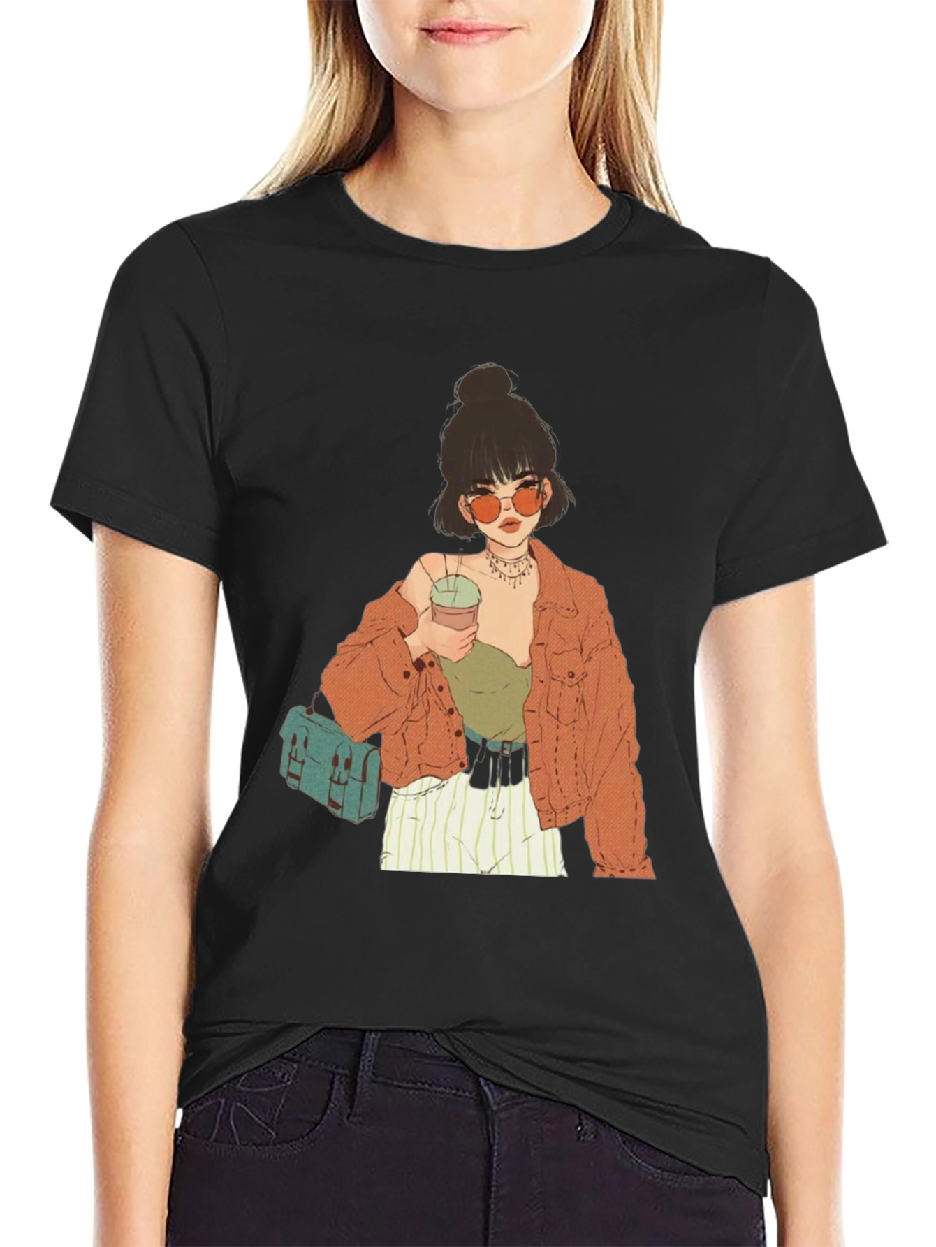 Trendy Girl Graphic Tee - Casual Black T-Shirt