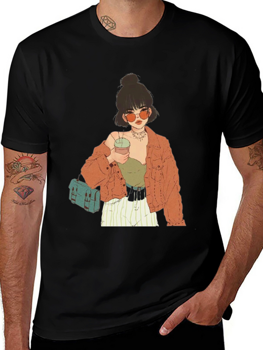 Trendy Girl Graphic Tee - Casual Black T-Shirt