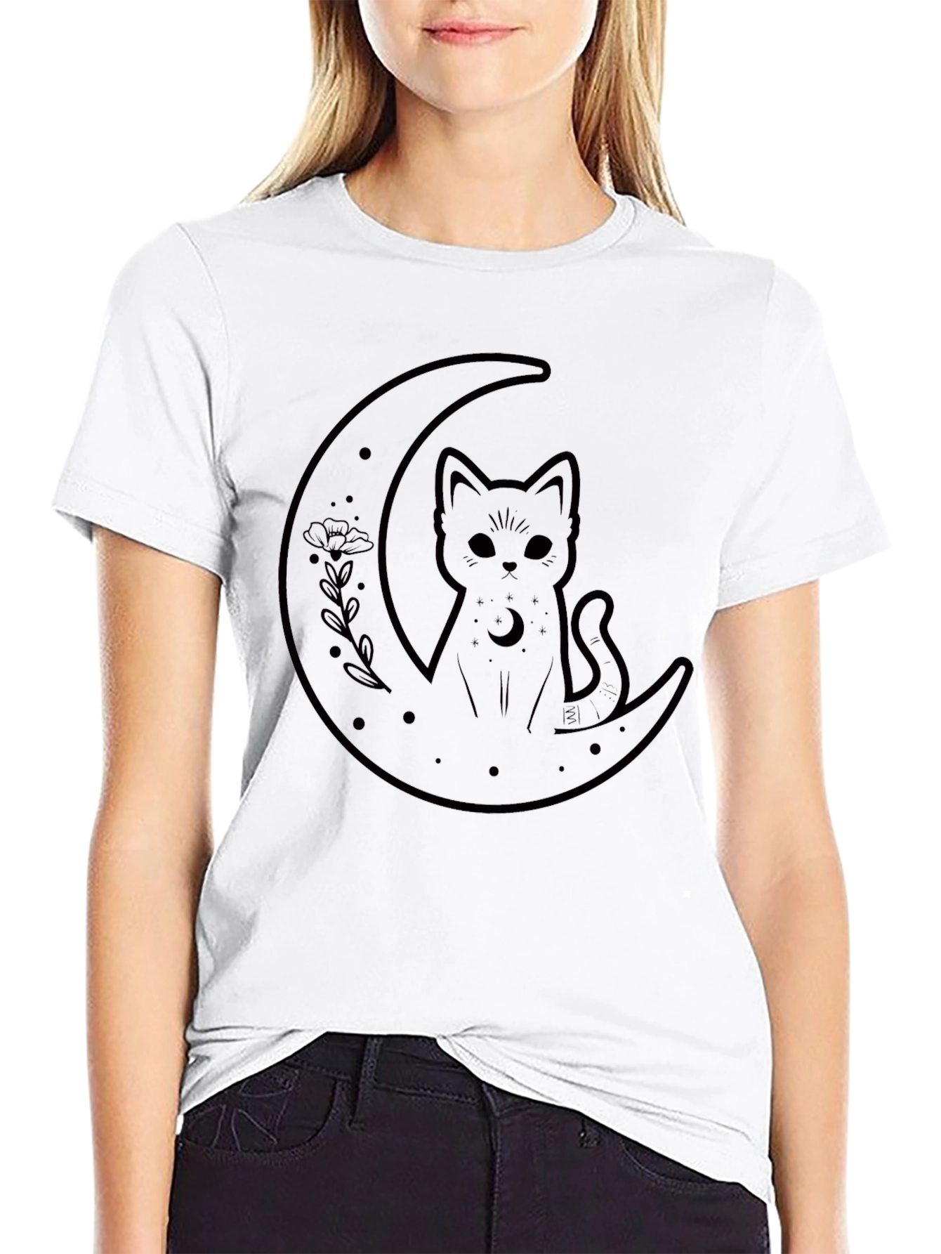 Cat on Moon Graphic Tee - Black T-Shirt