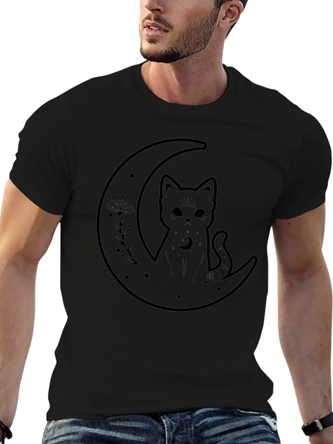 Cat on Moon Graphic Tee - Black T-Shirt