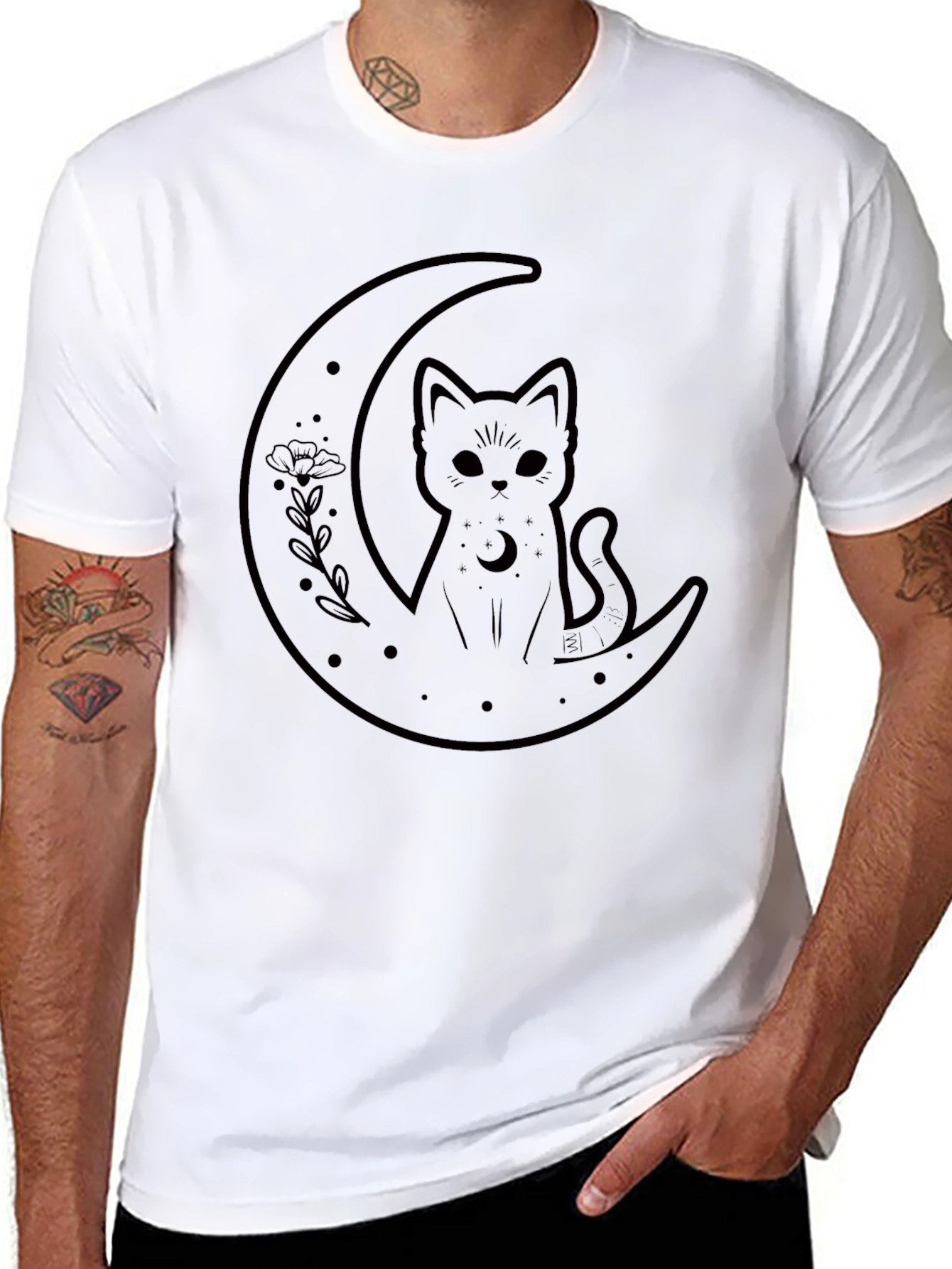 Cat on Moon Graphic Tee - Black T-Shirt