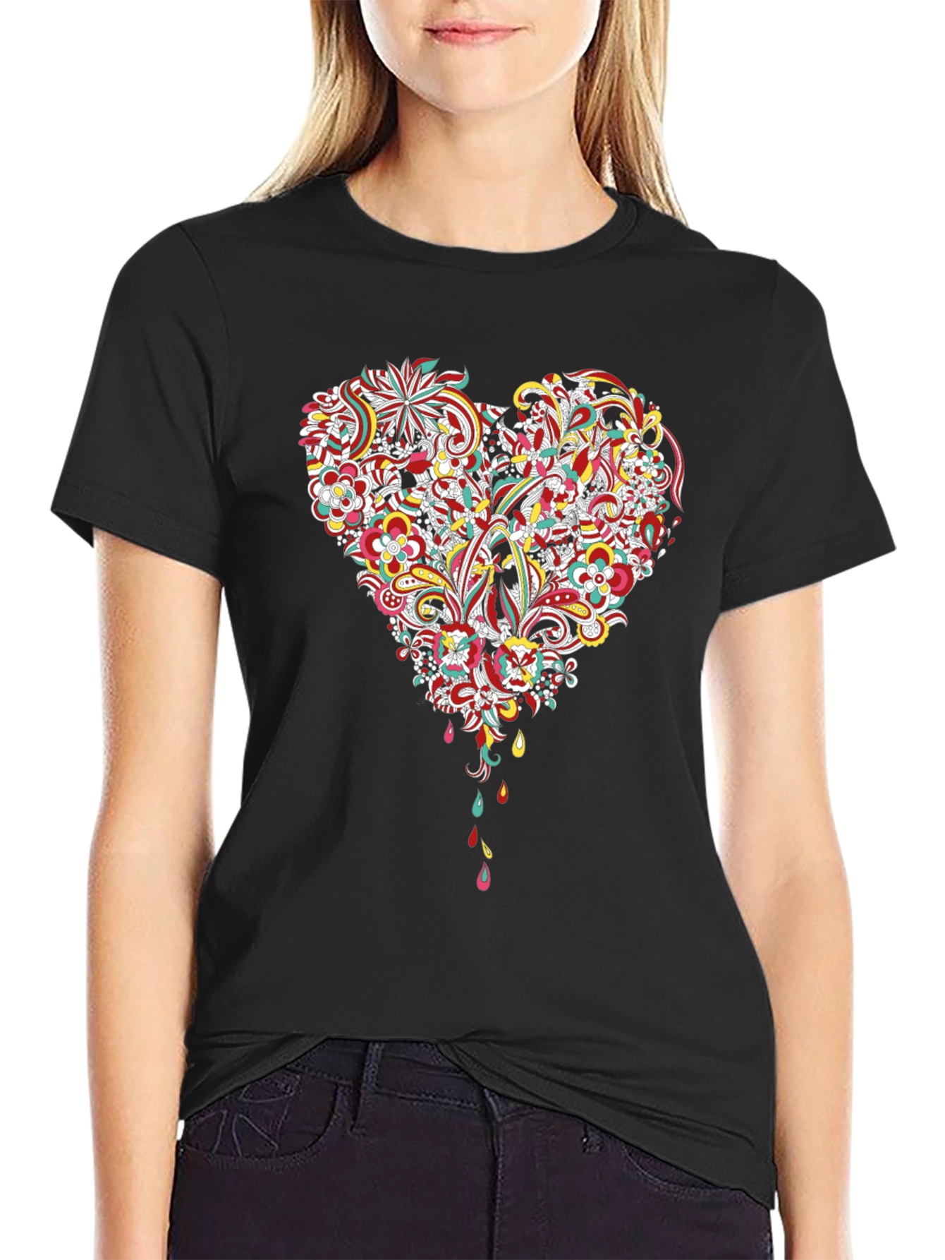 Floral Heart Graphic Black T-Shirt