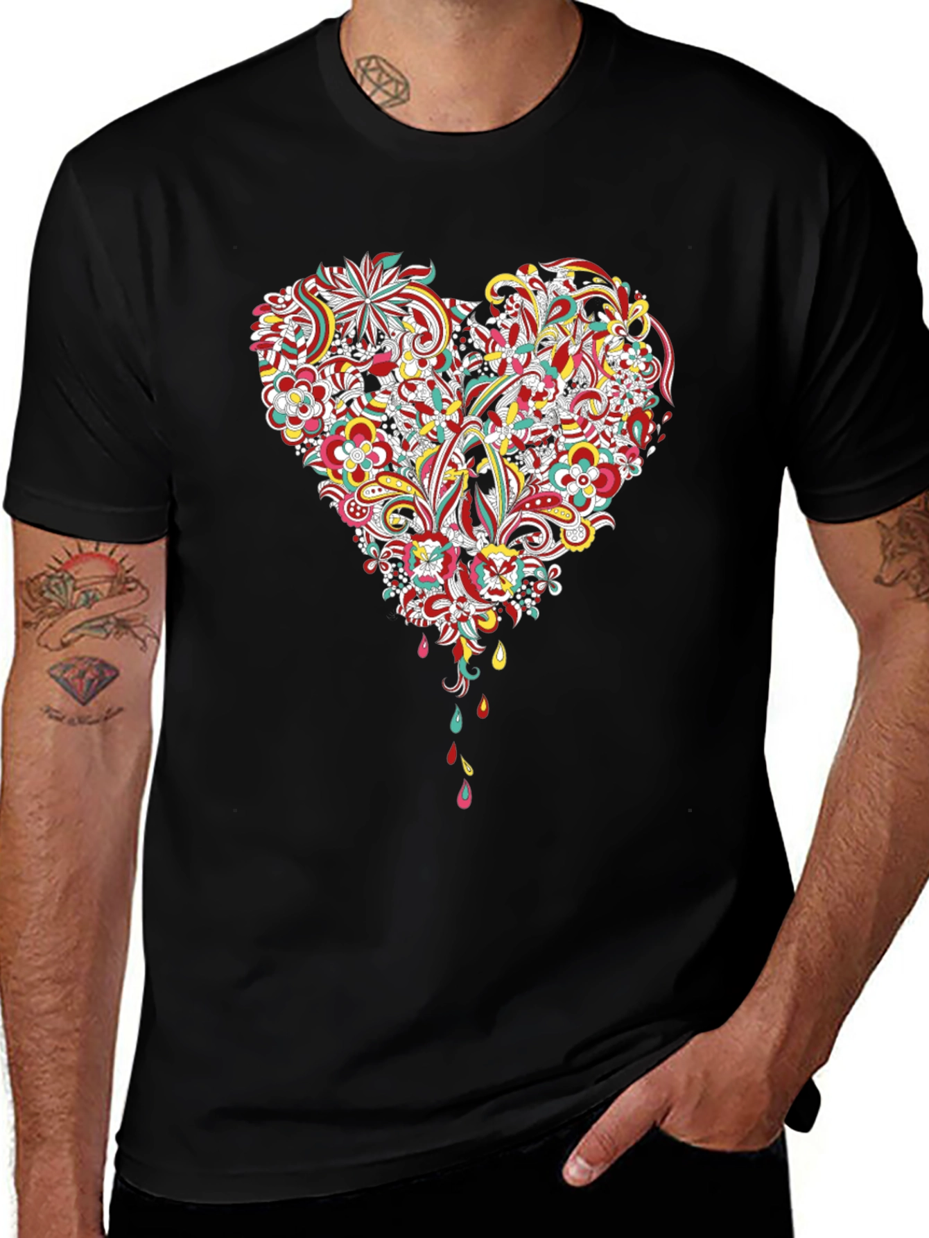 Floral Heart Graphic Black T-Shirt