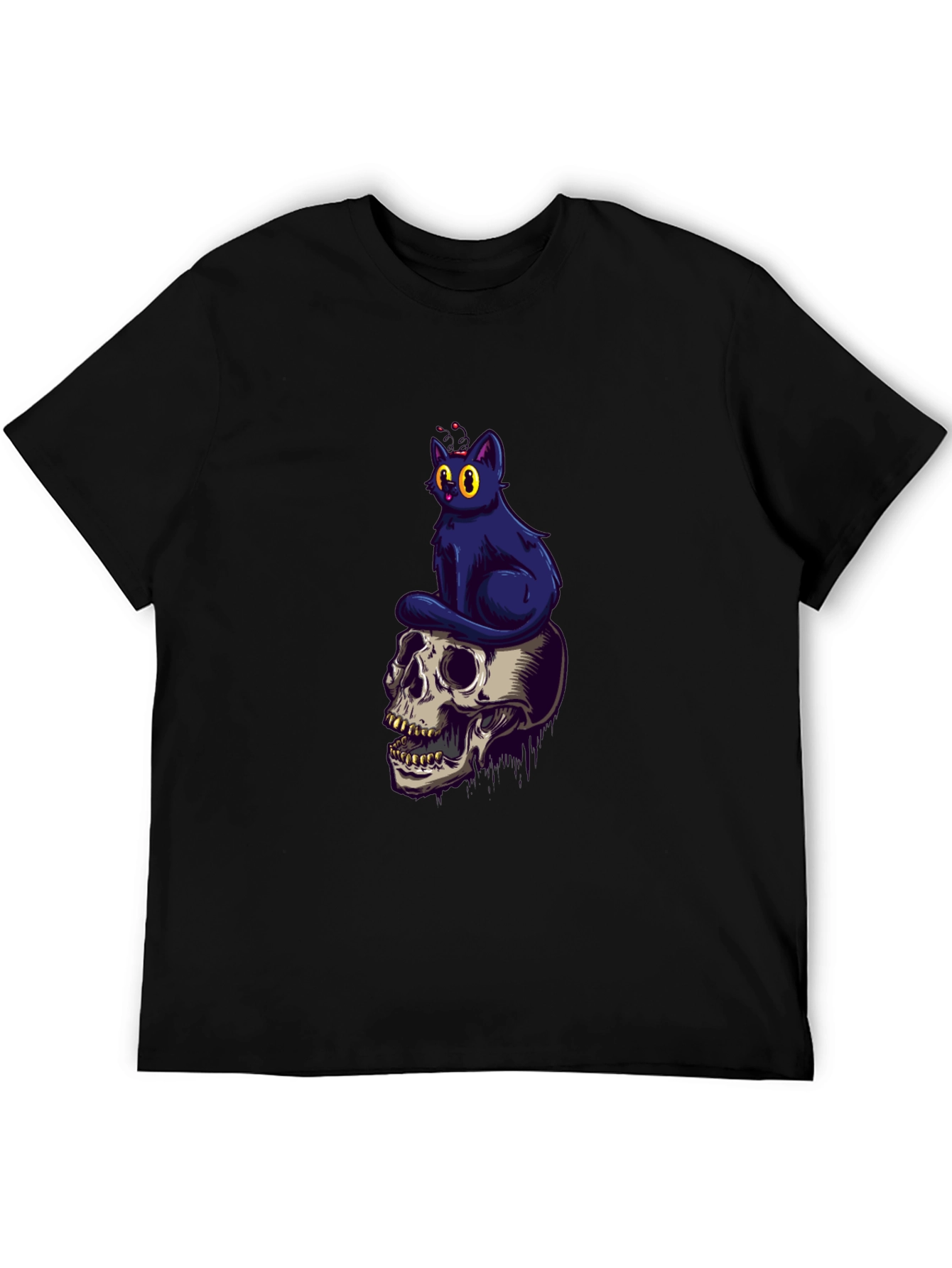 Skull & Cat Graphic Tee - Black Cotton T-Shirt