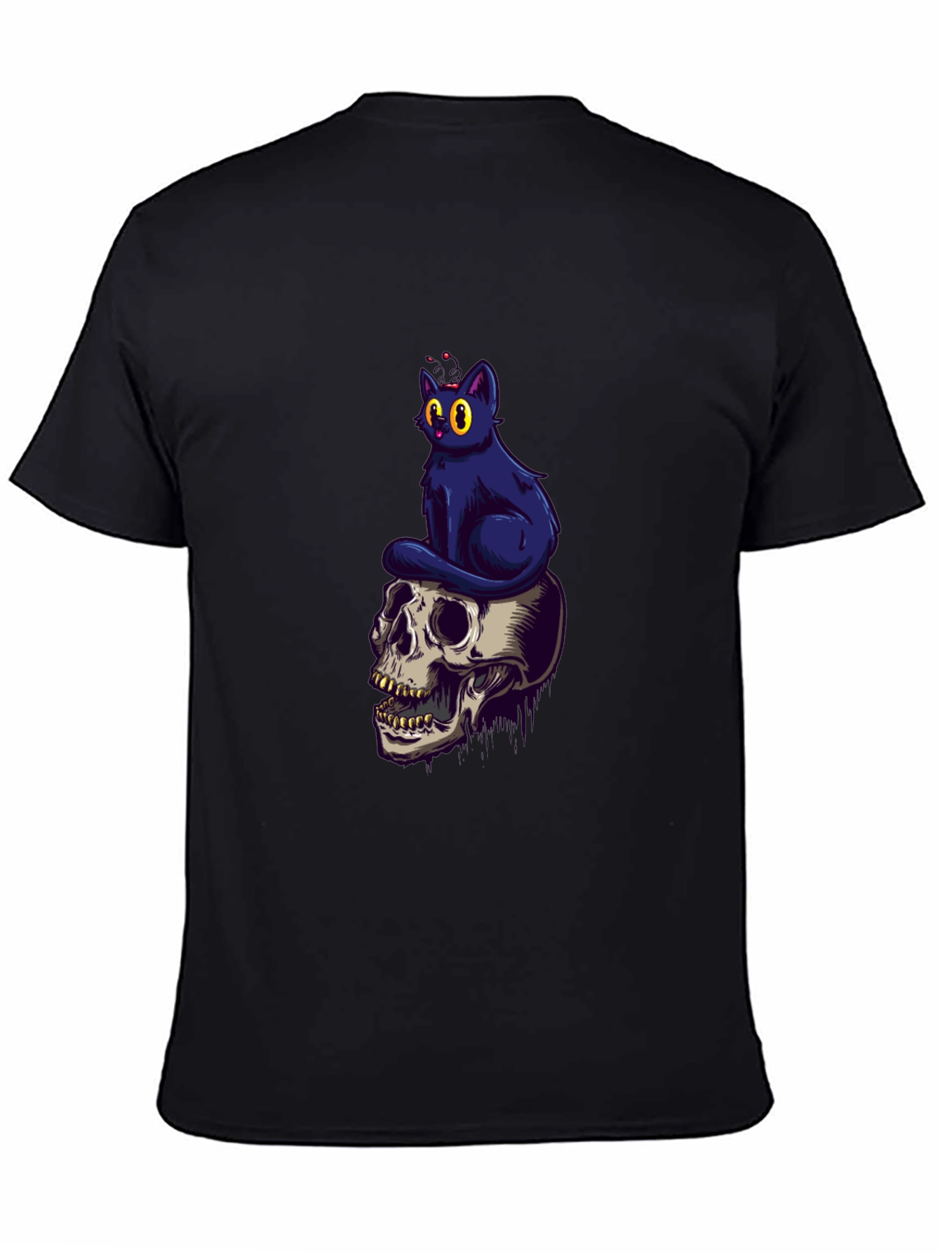 Skull & Cat Graphic Tee - Black Cotton T-Shirt