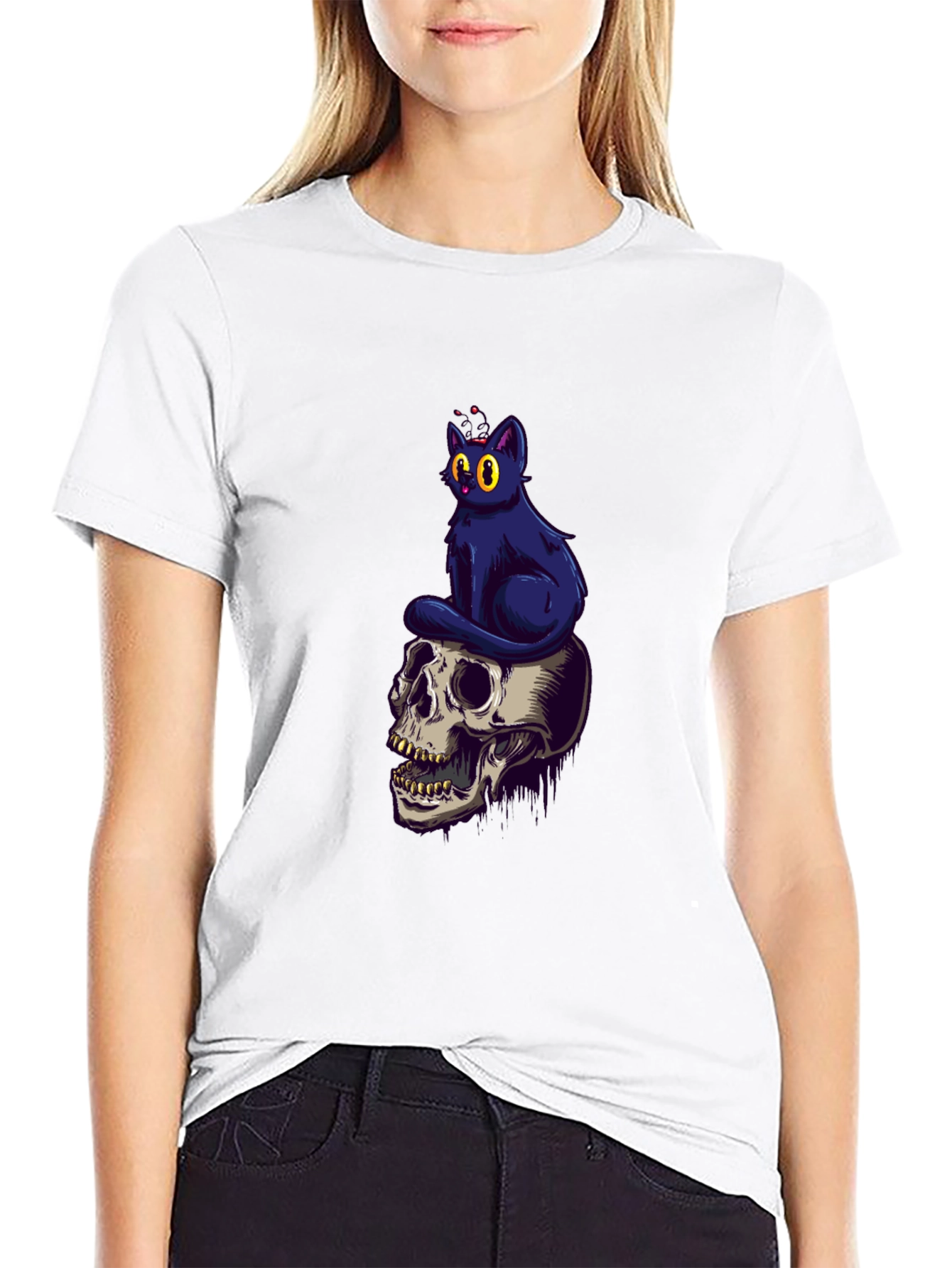 Skull & Cat Graphic Tee - Black Cotton T-Shirt