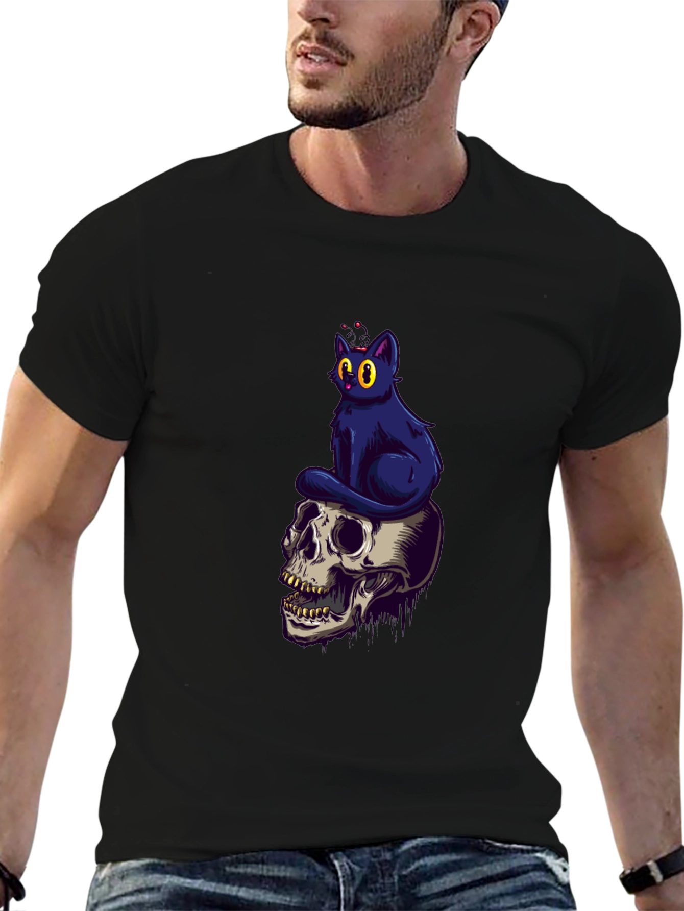 Skull & Cat Graphic Tee - Black Cotton T-Shirt