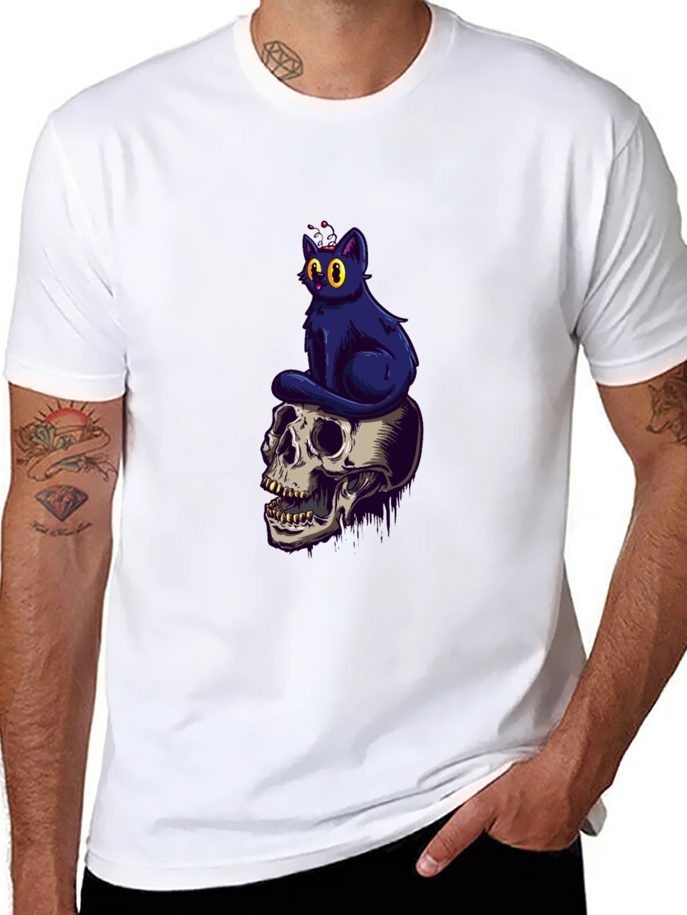 Skull & Cat Graphic Tee - Black Cotton T-Shirt