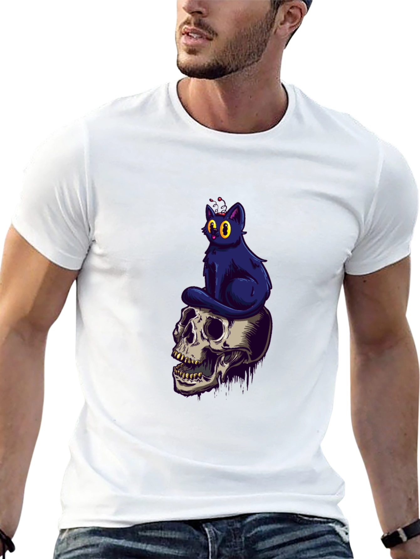 Skull & Cat Graphic Tee - Black Cotton T-Shirt