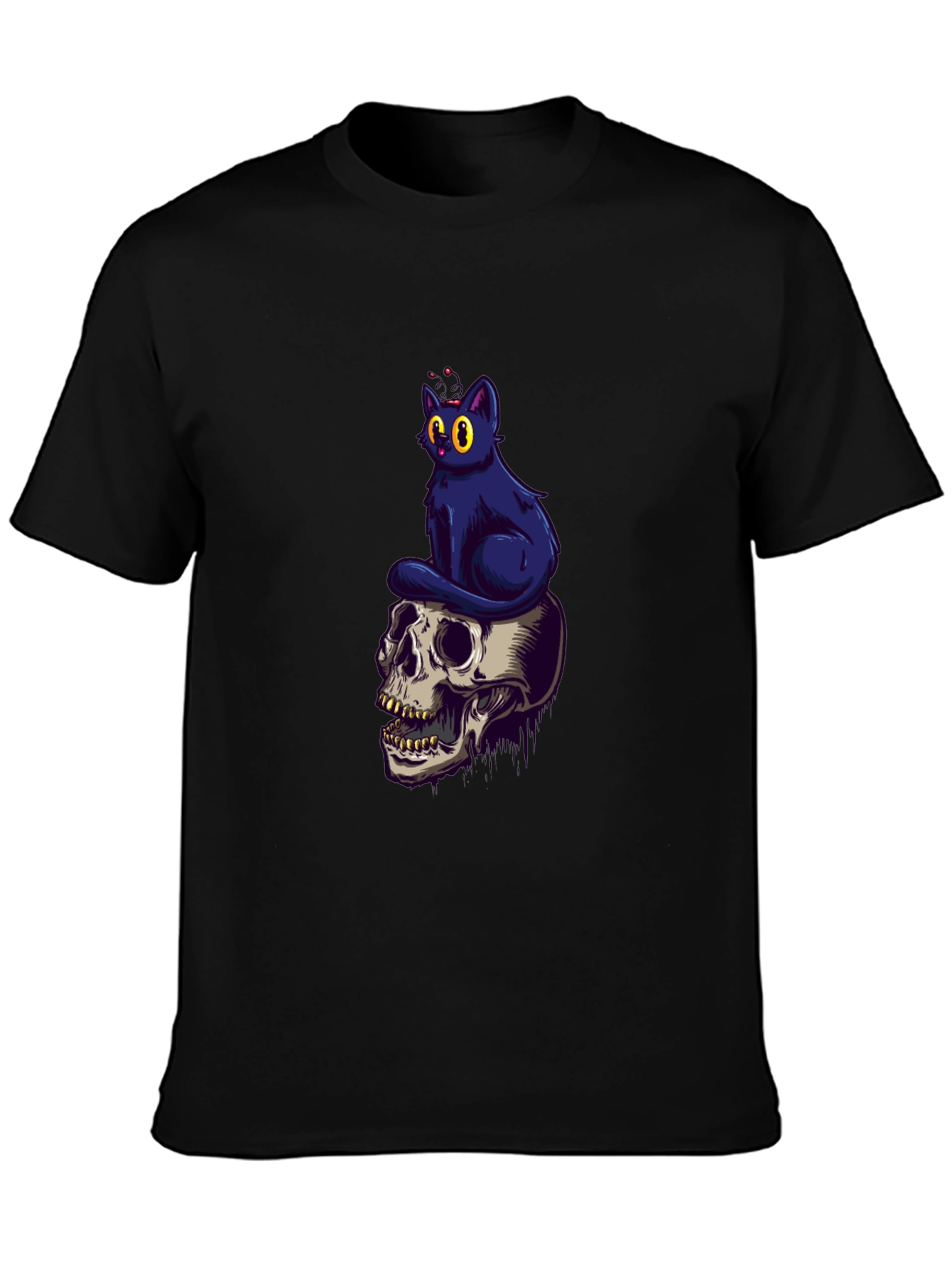Skull & Cat Graphic Tee - Black Cotton T-Shirt